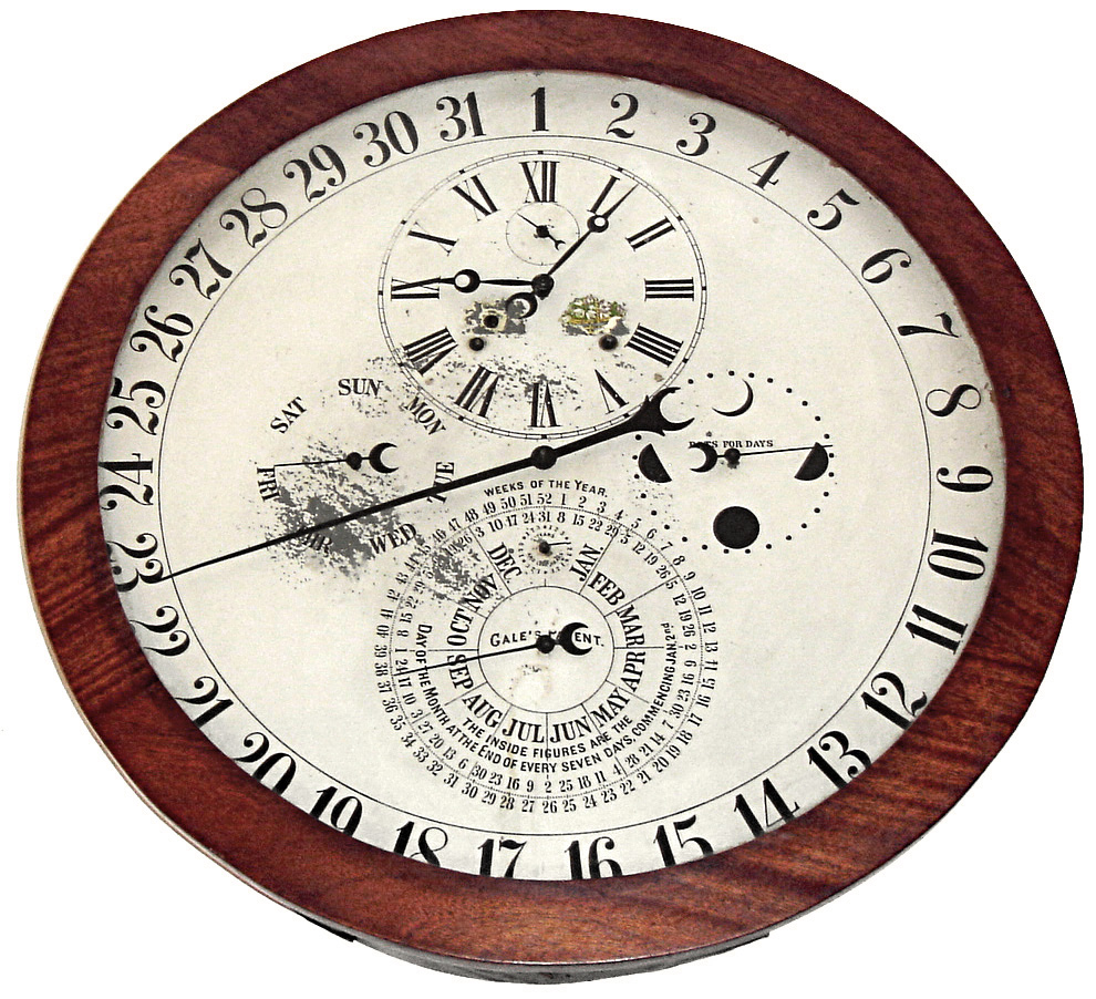 Welch, Spring & Co., Forestville, Conn., "D.J. Gale Patent Astronomical Calendar" gallery wall clock, 8 days, time, strike and perpetual calendar, spring driven pendulum movement in a mahogany veneer and sheet metal case with a 24" painted metal dial, c1880 — Antique Clocks Price Guide