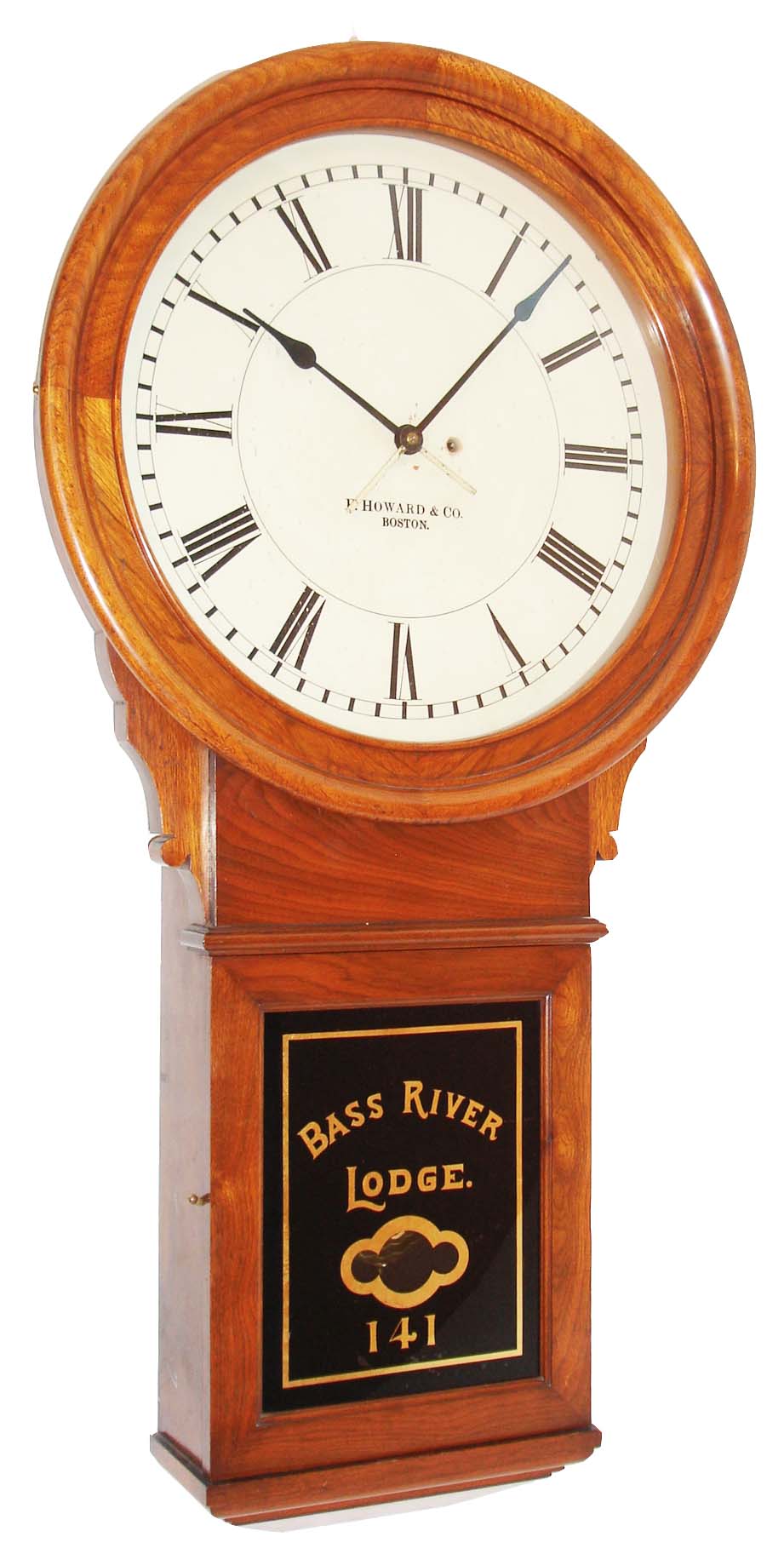 E. Howard & Co., Boston, Mass., "No. 70 Regulator" with 20" dial, wall clock, 8 days, time only, weight driven movement in a walnut case with painted wooden dial and reverse painted lower tablet for "BASS RIVER LODGE 141", c1890 — Antique Clocks Price Guide