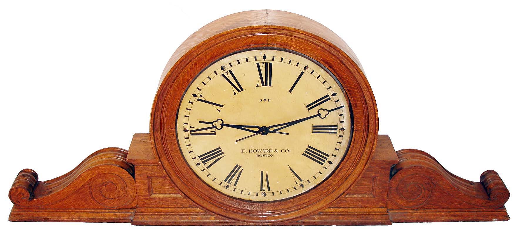 E. Howard & Co., Boston, Mass., "Monumental Gallery" wall clock (140 series), 8 days, time only, compounded weight driven movement with external slow / fast adjustment in an oak case with 28" painted wooden dial and counterbalanced hands, c1920 — Antique Clocks Price Guide
