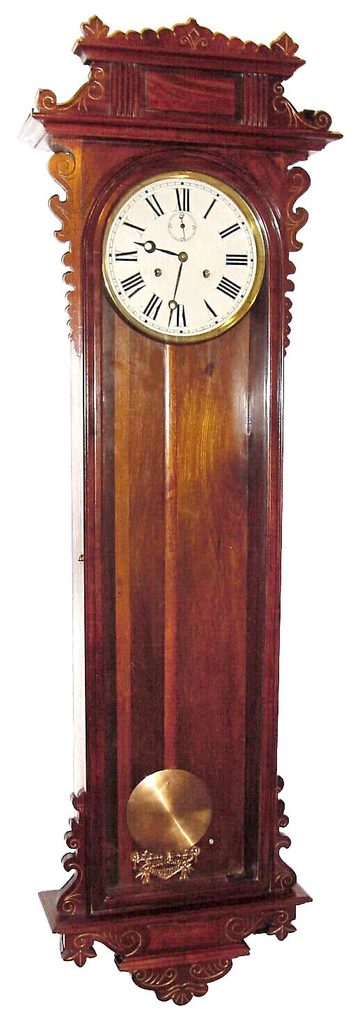 E. N. Welch Mfg. Co., Bristol, Conn., "No. 11 Regulator", wall clock, 30 days, time only, double spring driven movement in a mahogany case with painted metal dial, c1889 — Antique Clocks Price Guide