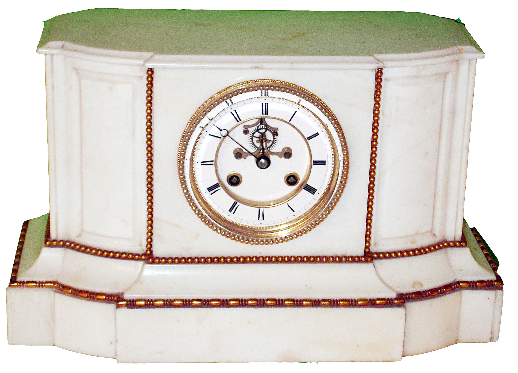 French white marble 8 days, time and strike, mantel clock with visible escapement, c1880 — Antique Clocks Price Guide