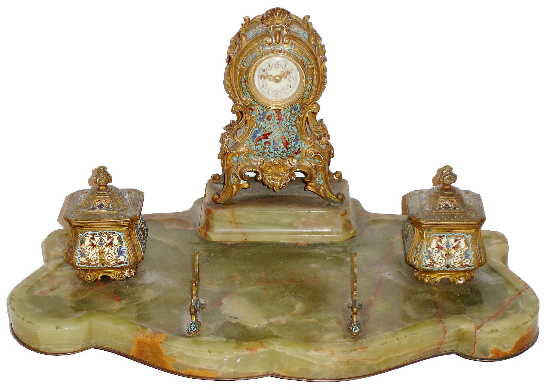 French onyx and cloisonne brass 8 days, timepiece and desk set, c1900 — Antique Clocks Price Guide