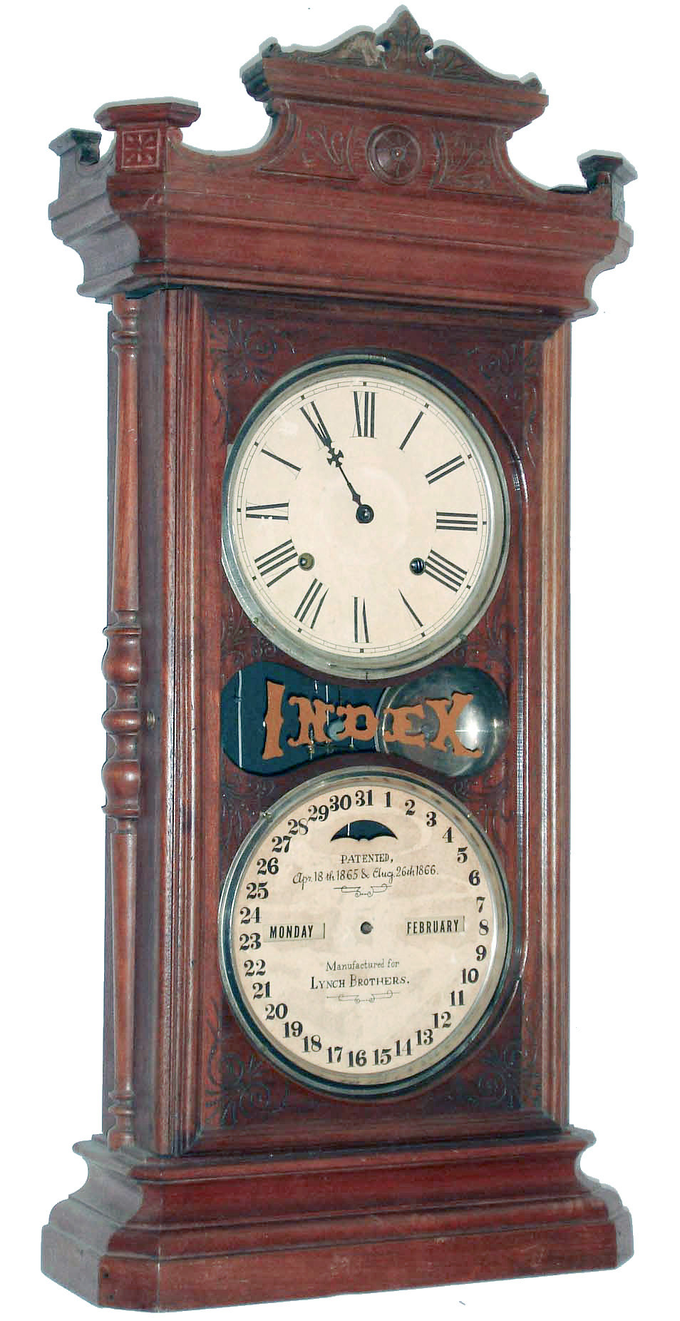 Ithaca Calendar Clock Co., Ithaca, New York, "Manufactured for Lynch Brothers", large "Index" model in walnut, 8 days, time and bell strike spring driven shelf clock, c1875 — Antique Clocks Price Guide