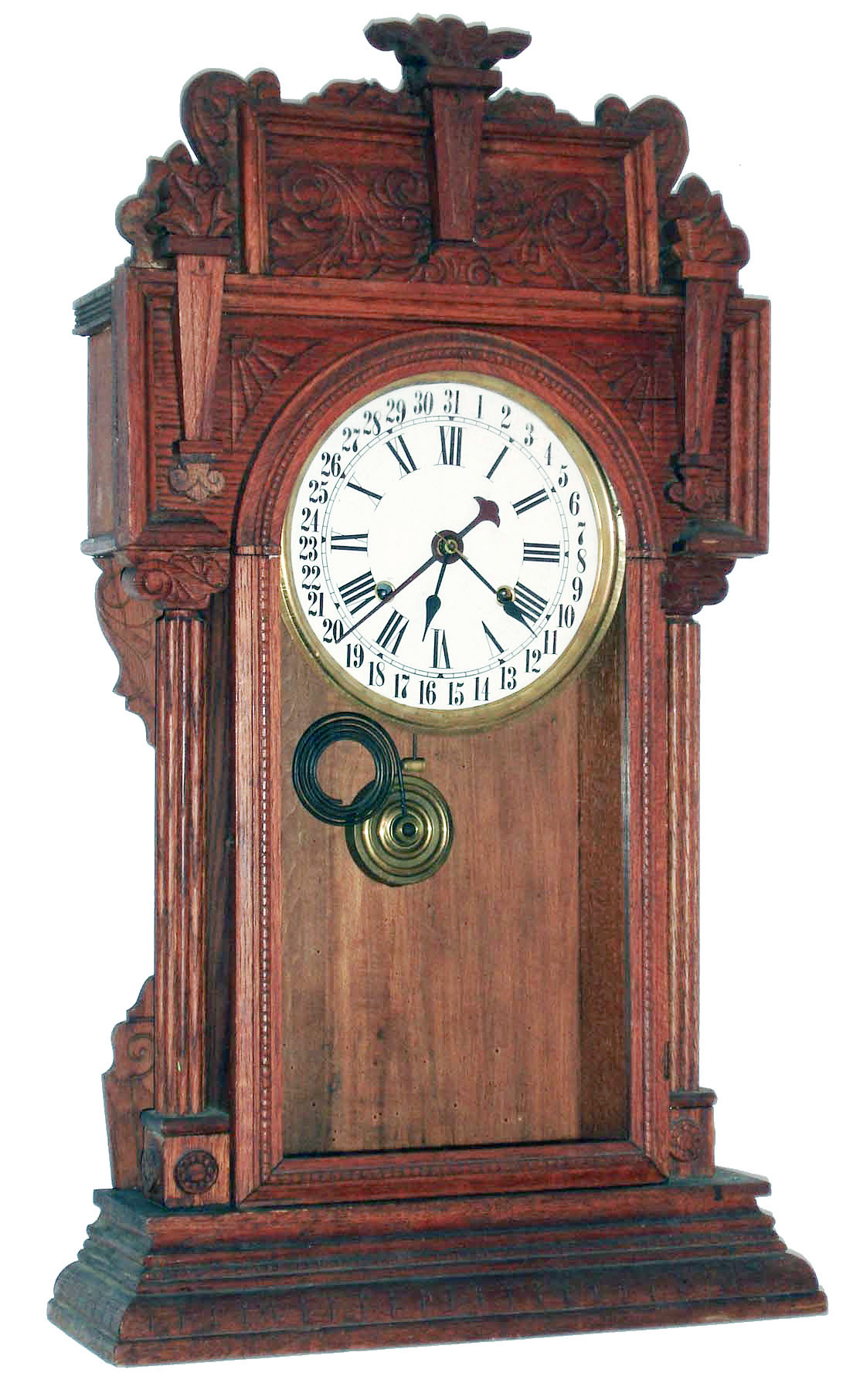 Waterbury Clock Co., Waterbury, Conn., "Niagara" walnut 8 days, time and strike, calendar shelf clock, c1911 — Antique Clocks Price Guide