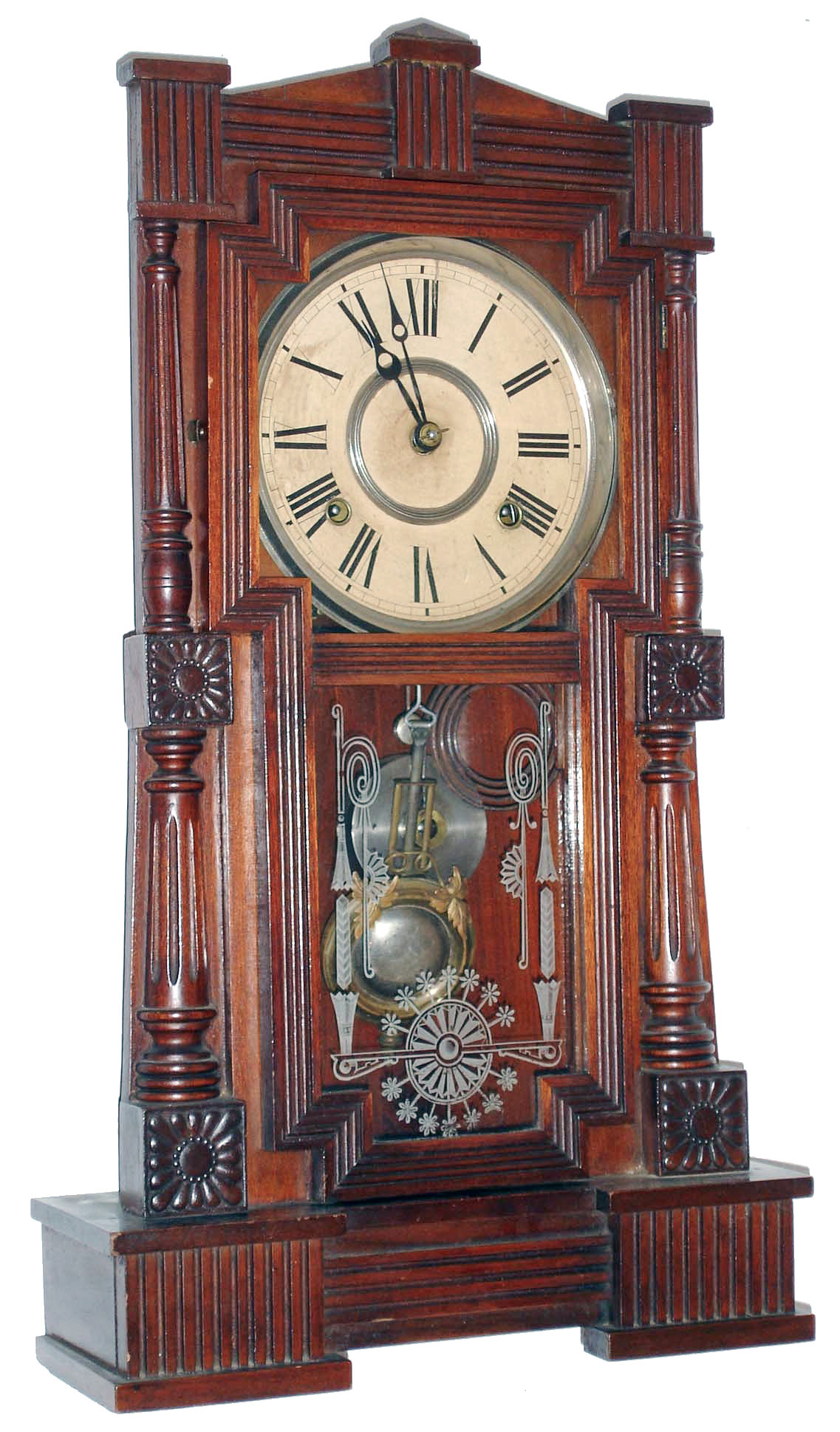 Wm. L. Gilbert Clock Co., Winsted, Conn., "Mitra" walnut 8 days, time and strike, parlor clock, c1891 — Antique Clocks Price Guide
