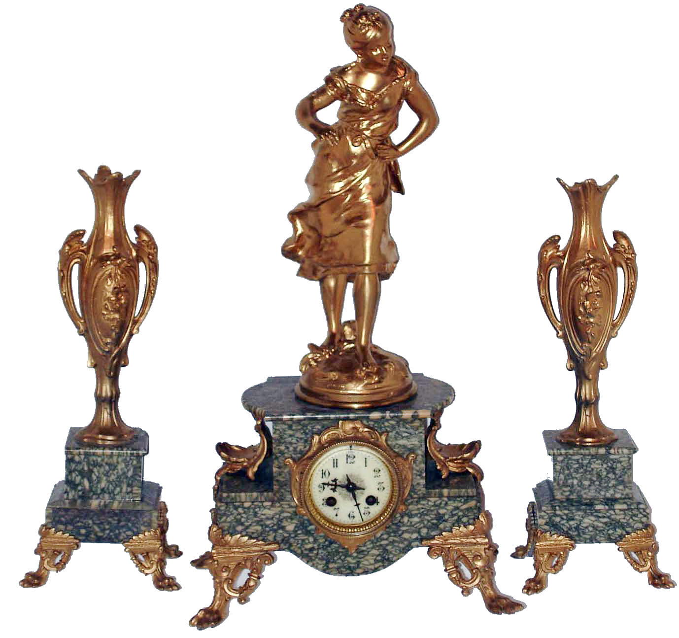 French marble and gilt cast metal garniture set: 8 days, time and strike, figural mantel clock; pair of urns; c1900 — Antique Clocks Price Guide