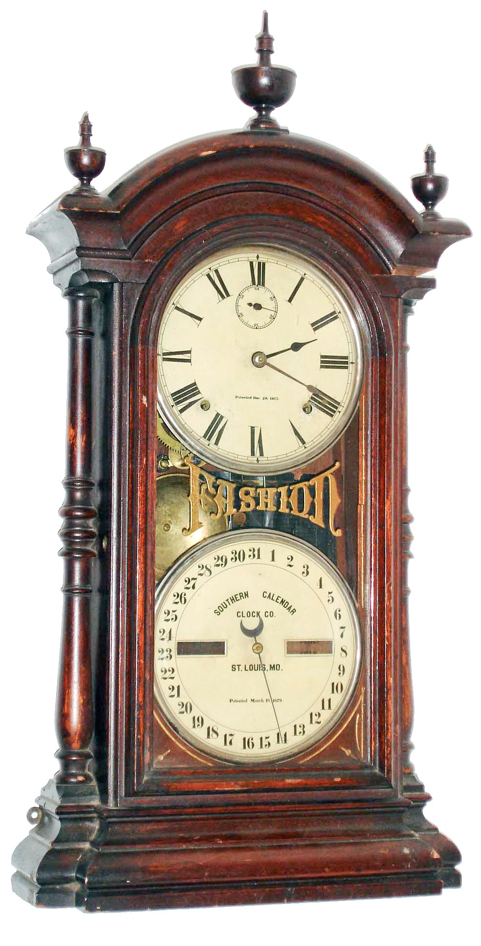 Southern Calendar Clock Co., St. Louis, Mo., "Fashion No. 3" walnut 8 days, time and strike, perpetual calendar shelf clock, c1877 — Antique Clocks Price Guide