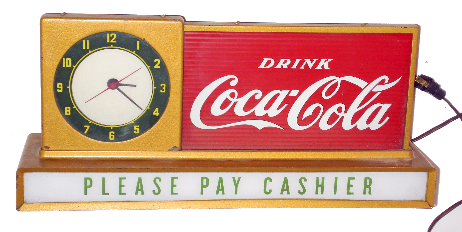 Coca Cola, 110v, lighted advertising sign with original electric clock that was most likely used in a drug store soda fountain, c1950 — Antique Clocks Price Guide