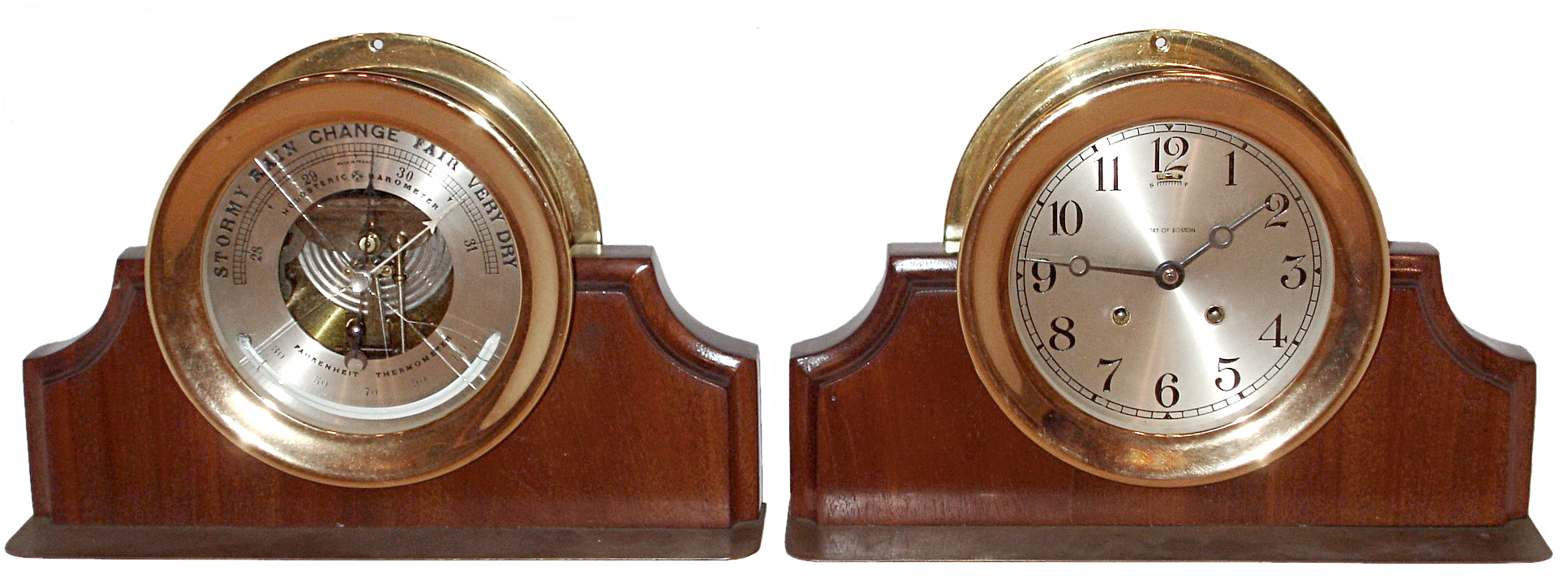 Chelsea Clock Co., Boston, Mass., brass on mahogany base 6" dial screw bezels marine set; 8 days, ship's bells "Port of Boston" clock; matching French barometer/thermometer; 1929 — Antique Clocks Price Guide