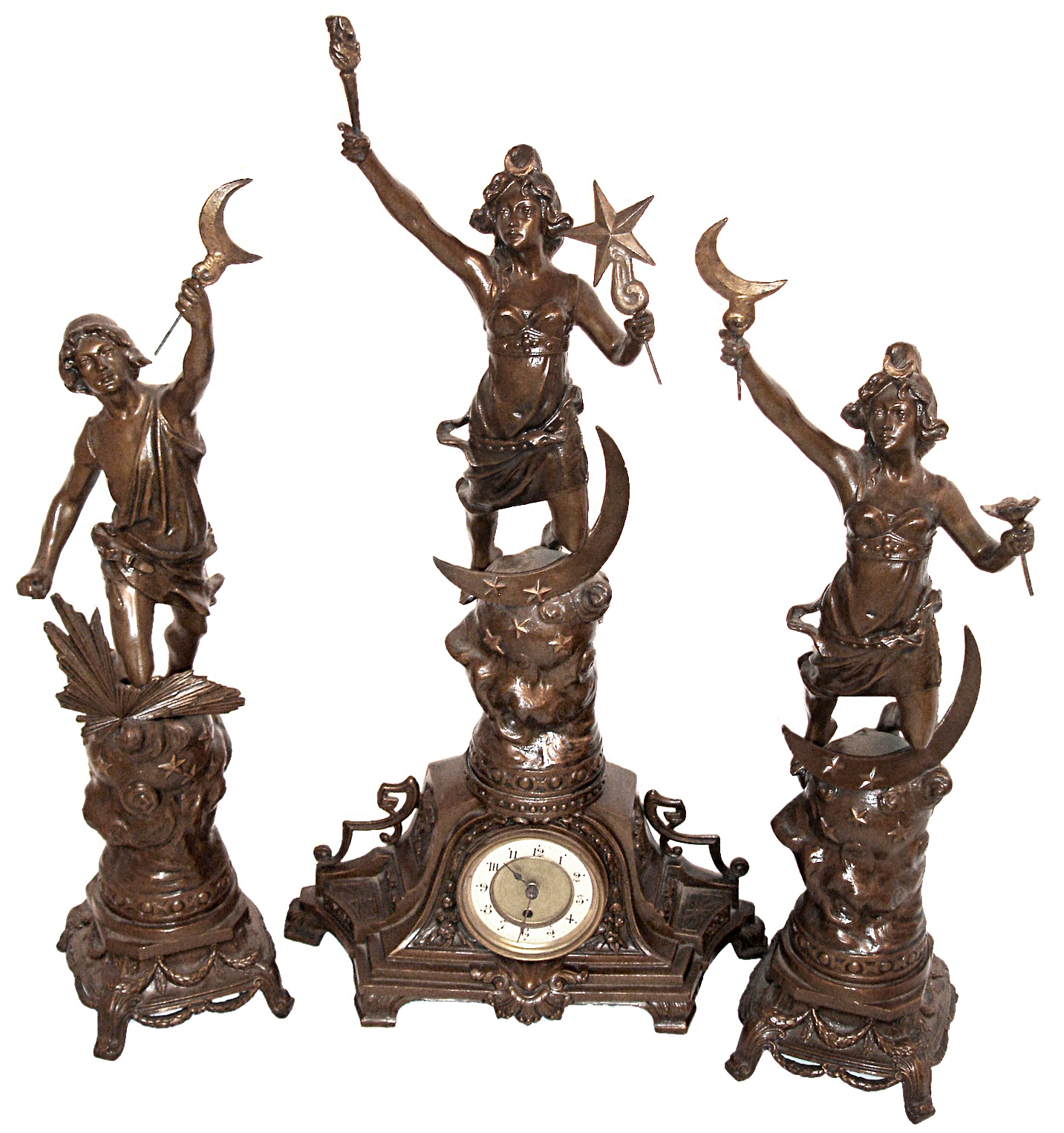 German bronzed cast spelter figural set with 30 hours, timepiece and two side pieces, c1910 — Antique Clocks Price Guide