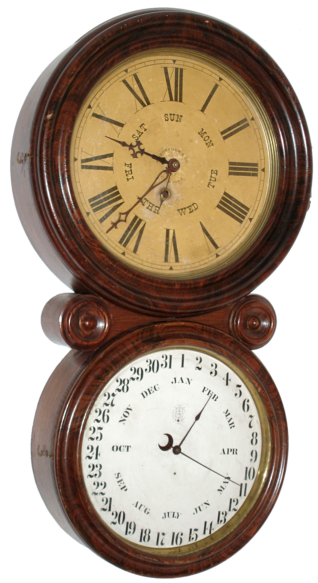 E. Ingraham and Co., Bristol, Conn., "Ionic Calendar" rosewood 8 days, time only, double dial perpetual calendar wall clock, c1886 — Antique Clocks Price Guide