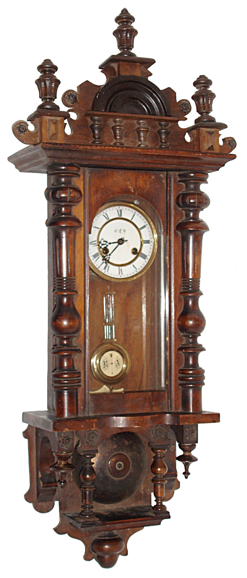 Werner, Germany, 8 days, time and strike, spring driven R/A wood wall clock with large bell below, Asian letters on dial, c1890 — Antique Clocks Price Guide