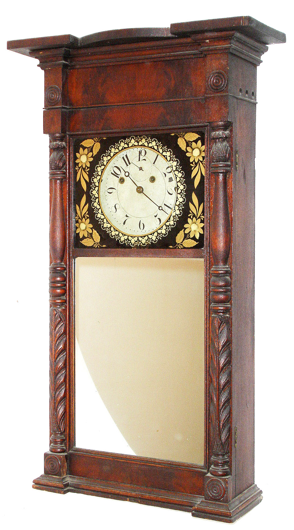 Munger & Benedict, Auburn, NY, 8 day, time and strike, Mahogany ironing board top carved column shelf clock, c1832 — Antique Clocks Price Guide