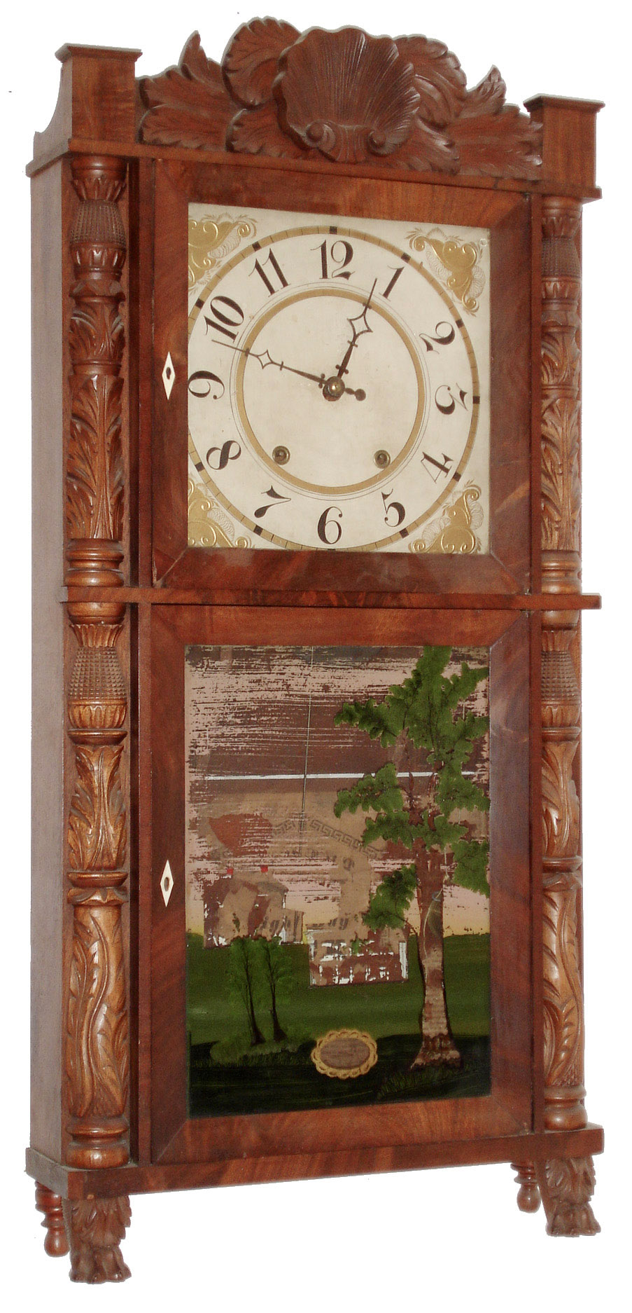 Eli Terry, Jr. & Co., Terrysville, Conn., 8 day, time and strike, weight wood movement carved columns and splat shelf clock. c1835 — Antique Clocks Price Guide