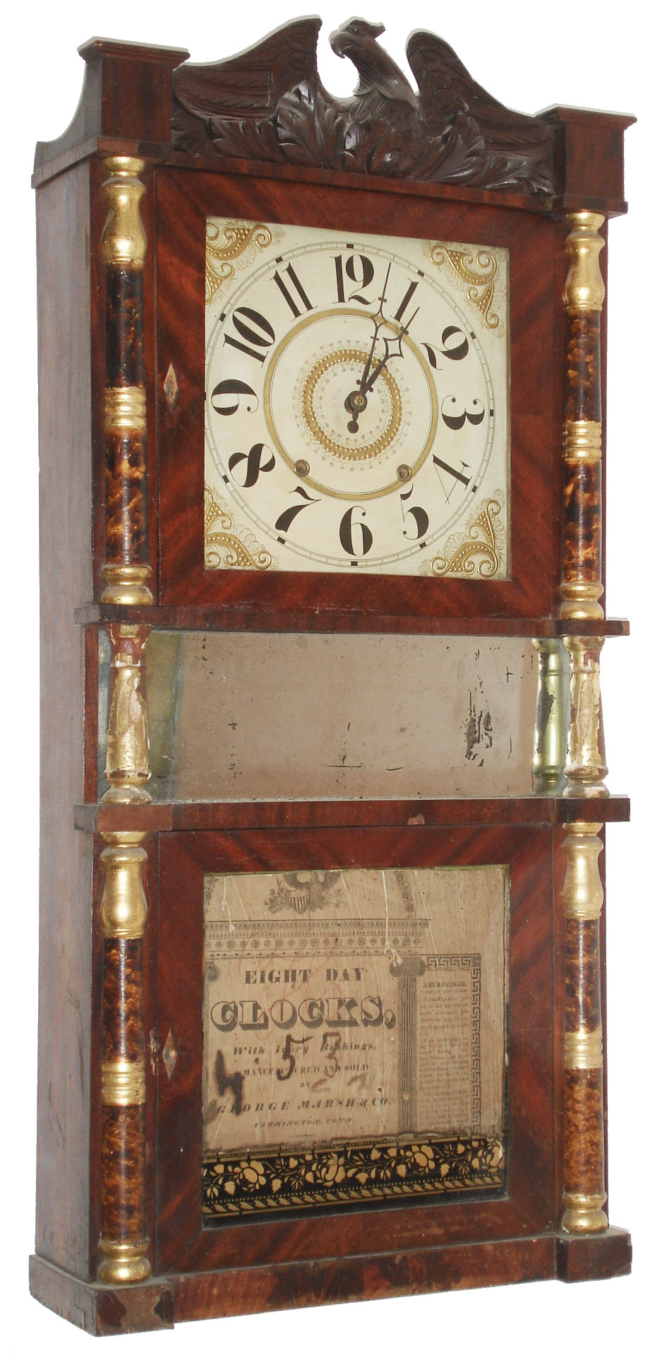 George Marsh & Co., Farmington, Conn., 8 day, time and strike, weight wood movement triple decker shelf clock. c1834 — Antique Clocks Price Guide