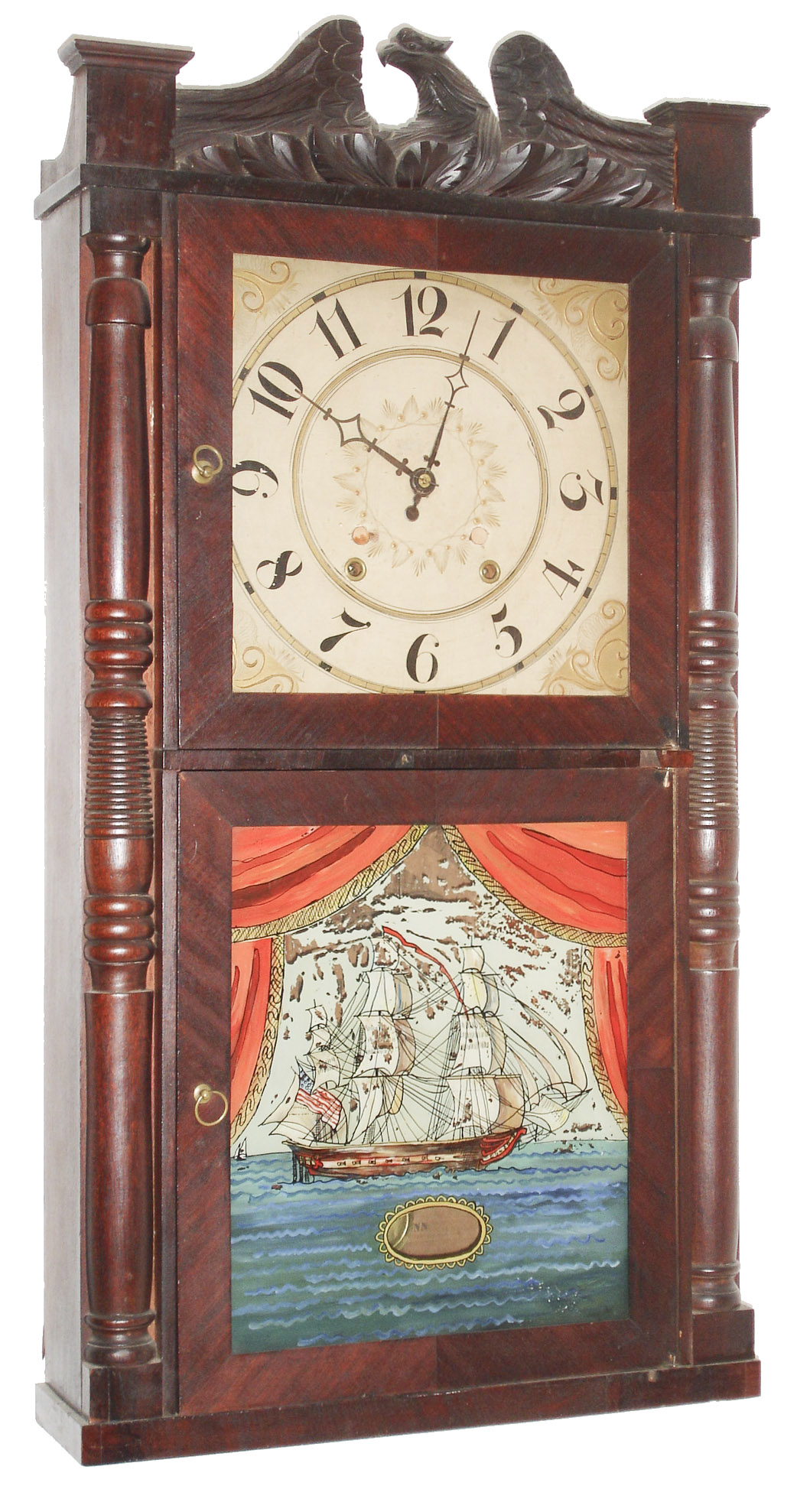 William Beach, Hartford, Conn., 30 hour, time and strike, wood movement double door half column and carved splat shelf clock, c1834 — Antique Clocks Price Guide