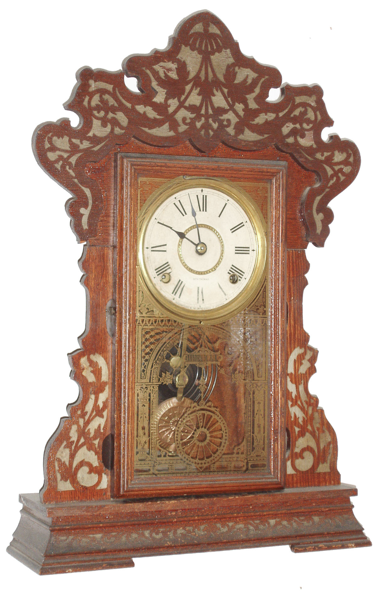 Seth Thomas Clock Co., Thomaston, Conn., "Color Series", 8 day, time and strike, oak case kitchen clock. We could not find this exact model in the catalog , but similar examples are found in the color series produced by Seth Thomas, c1900 — Antique Clocks Price Guide