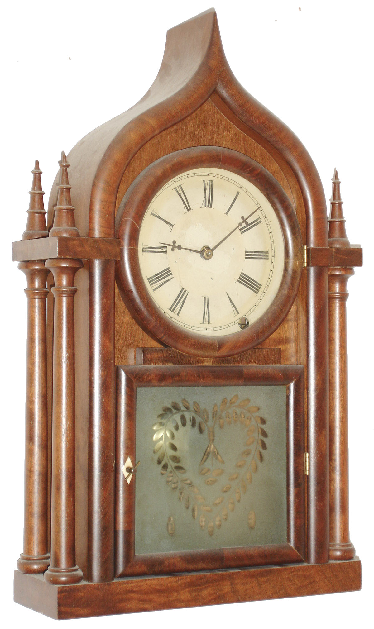 J. J Beals & Sons, Boston, Mass., 8 day, time and strike, four column onion top shelf clock. c1850 — Antique Clocks Price Guide