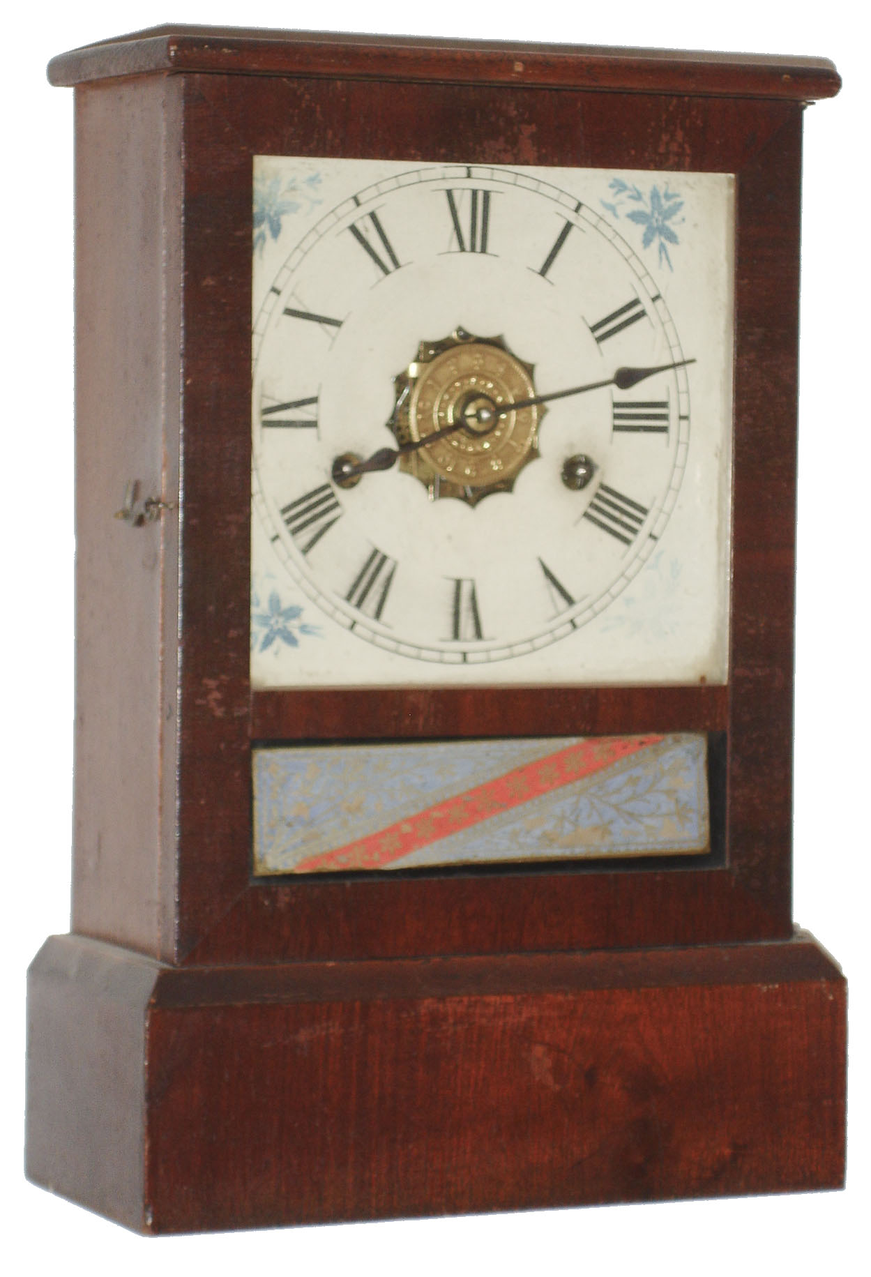 Jerome & Co., New Haven, Conn., 30 hour, time and strike, and alarm, mahogany veneer cottage clock. c1875 — Antique Clocks Price Guide