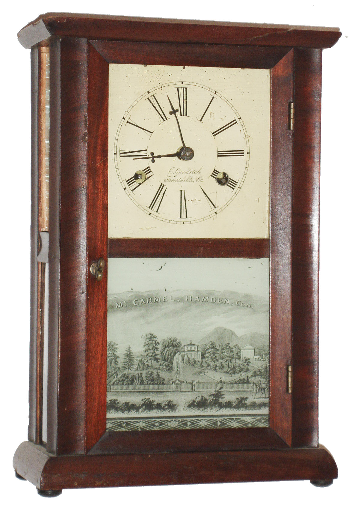 Chauncey Goodrich, Bristol, Conn., 30 hour, time and strike, Mahogany veneered glass side panels small case shelf clock. c1855 — Antique Clocks Price Guide
