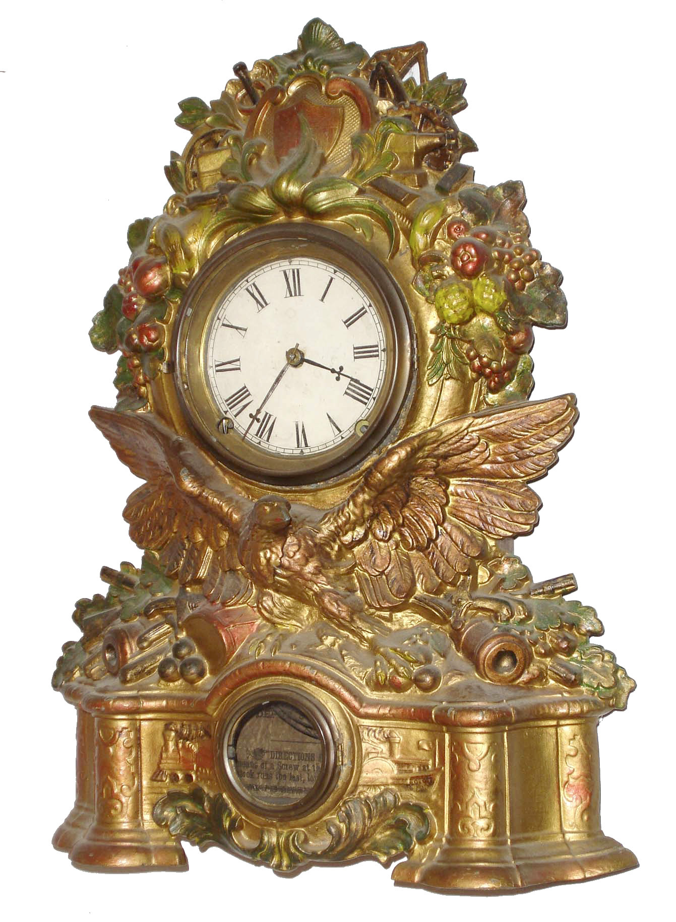 Bristol Brass & Clock Co., New York, 8 day, time and strike, Nicholas Muller No. 54 iron front shelf clock.  Another example of this clock appears in "Two Hundred Years of American Clocks and Watches by Chris Bailey", pg 154, c1860 — Antique Clocks Price Guide