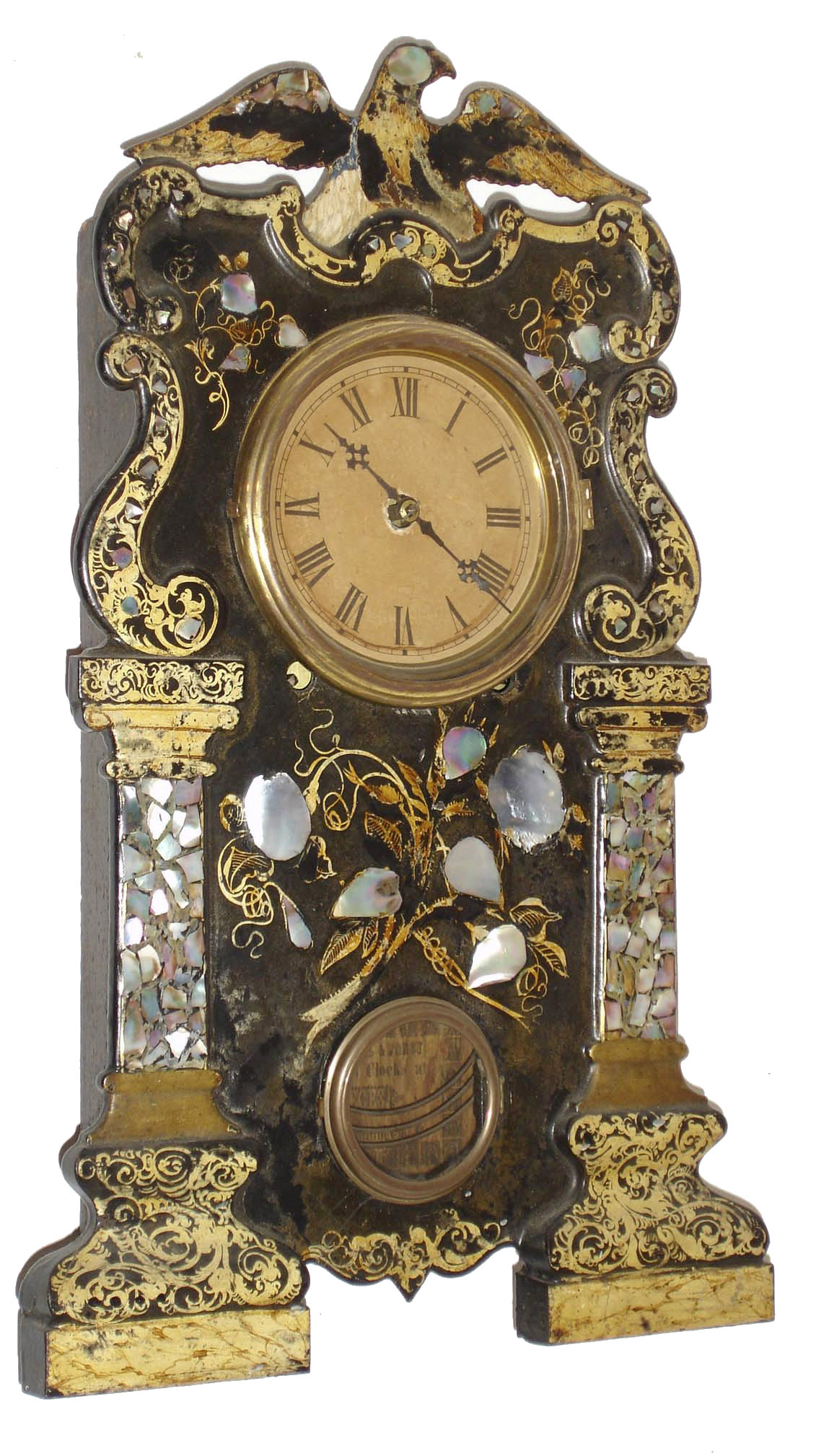 Bradley Mfg. Co., Southington, Conn., 8 day, time and strike, decorated iron front with MOP shelf clock, c1852 — Antique Clocks Price Guide