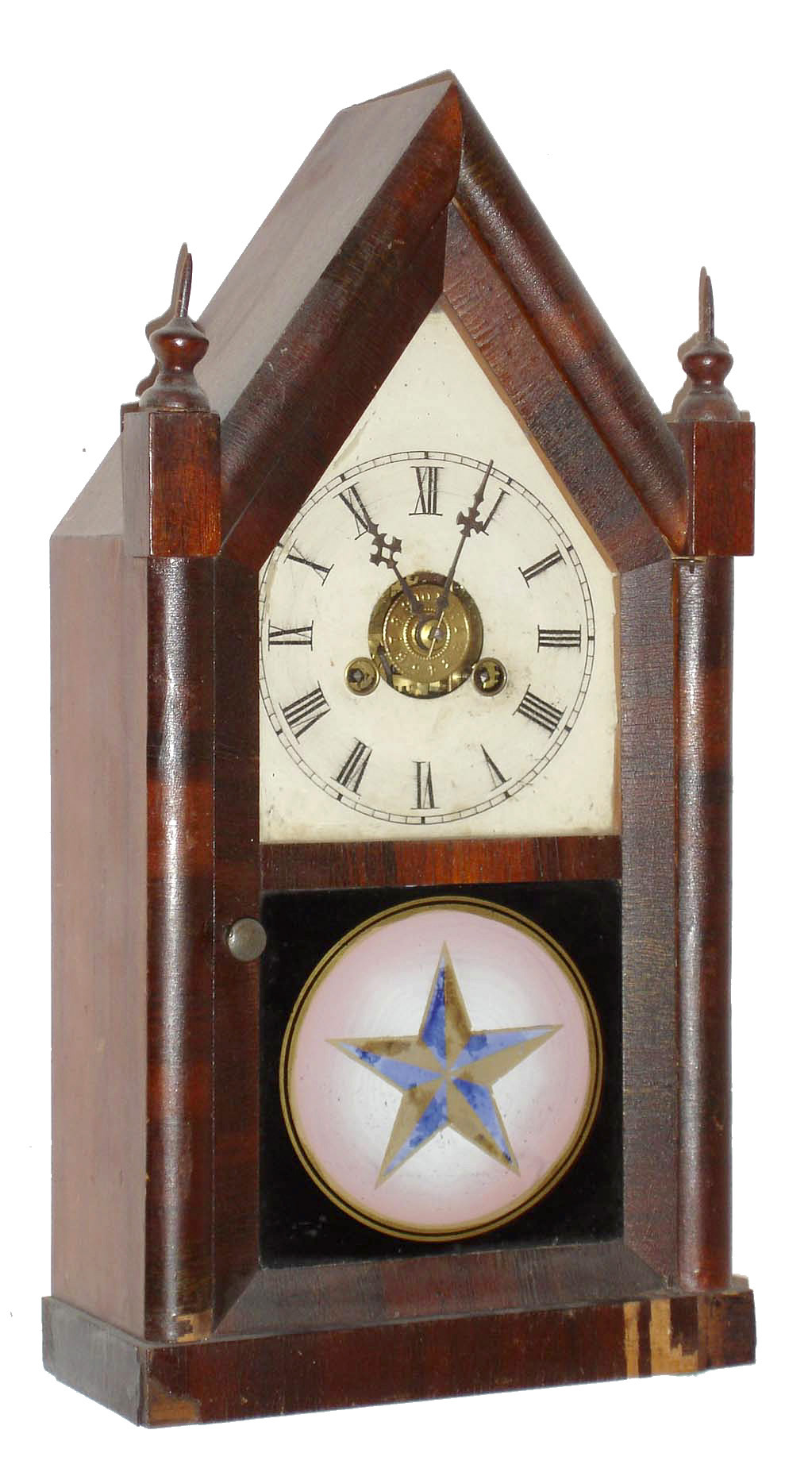 Jerome & Co., New Haven, Conn., 30 hour, time and alarm, mahogany and rosewood veneered miniature steeple timepiece, c1865 — Antique Clocks Price Guide