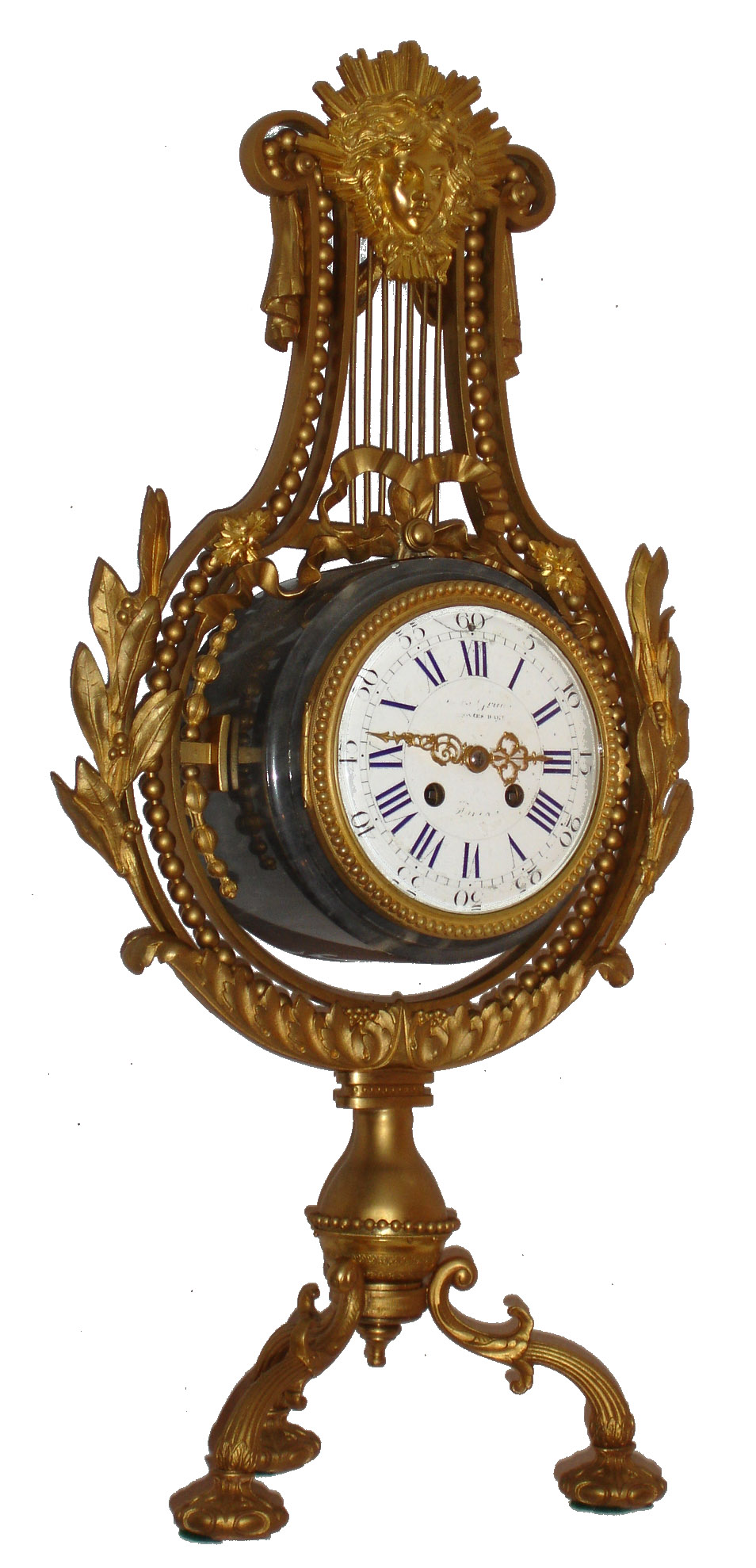 French Lyre form mantel clock, Japy Freres 8 days, time and strike, pendule a Paris movement counting the hours on a bell and with a single blow at the half hour, gray marble case with gilt bronze ornament, signed white enamel dial with blue Roman numerals and Arabic outer five minute markers, gilt Louis XV style hands, all mounted to a later, gilt tripod base, c1880 — Antique Clocks Price Guide
