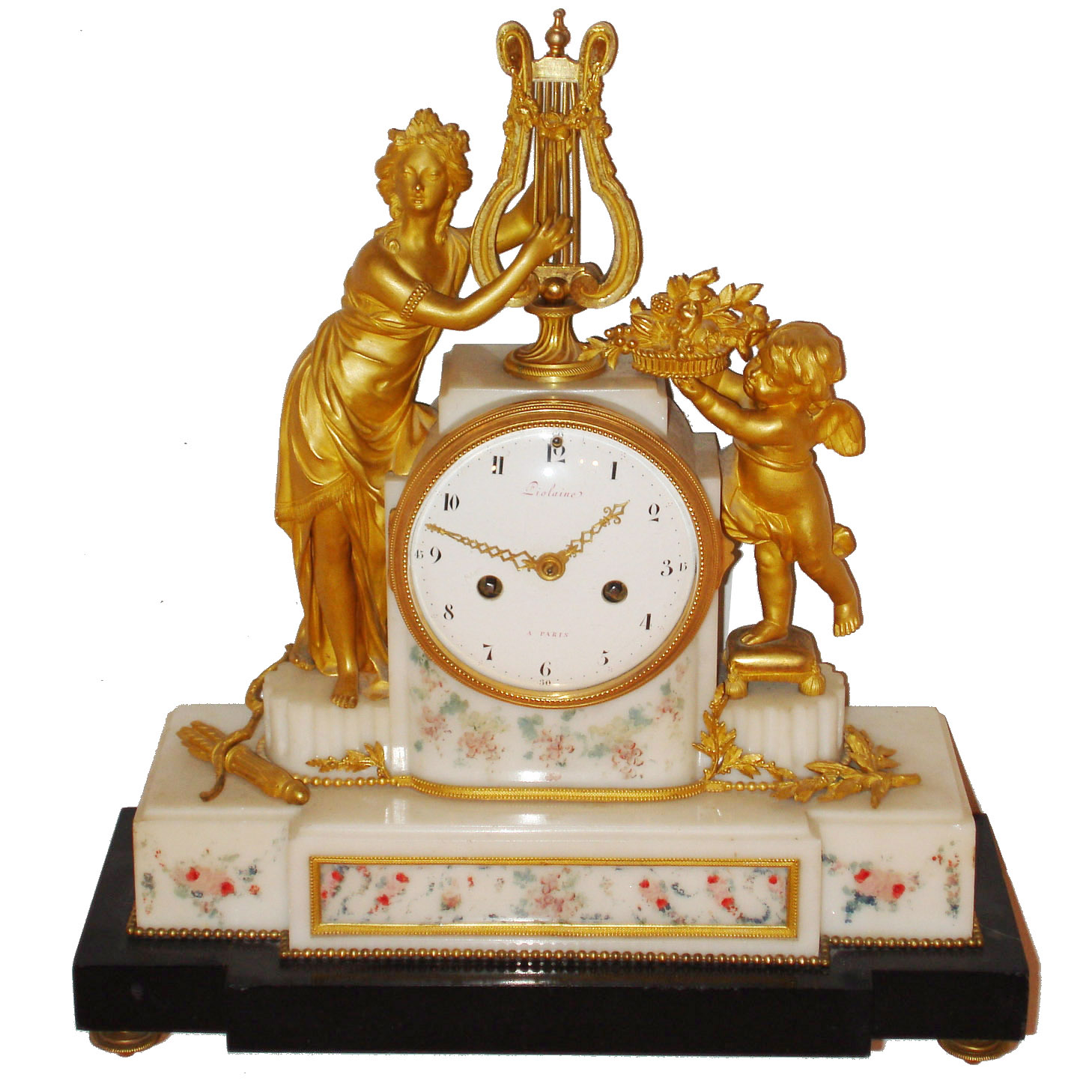 French mantel clock, eight day time and strike, pendule a Paris movement, counting the hours on a bell and a single blow at the half hour, silk thread suspension, white and black marble and gilt bronze case supported on gilt toupie feet, the case front paint decorated below the dial with bunches of grapes and grape leaves, and with festoons of roses, forget-me-nots, and green foliage, with gilt bronze frame and beaded molding, on the right a gilt bronze putti standing on a stool and holding a basket of flowers, on the left a female figure with lyre, at her feet a quiver with arrows and bow, white enamel dial with Arabic numerals, signed in red "Piolaine A Paris", gilt hands, and gilt bezel with convex glass, c1790 — Antique Clocks Price Guide