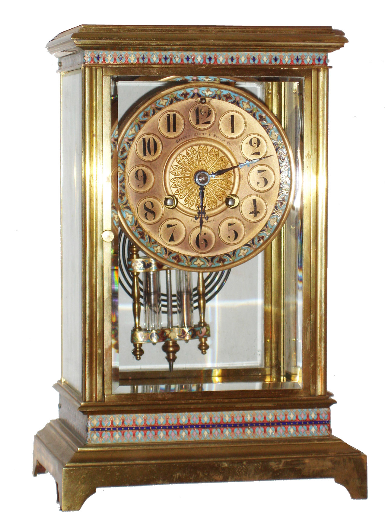 French crystal regulator, Marti & Cie. 8 days, time and strike, movement with Brocot escapement, counting the hours on a gong and a single blow at the half hour, the gilt case with beveled glasses and cloisonne bands at the top and bottom, gilt Arabic numeral dial signed "Bailey, Banks and Biddle Co. Philadelphia", with cloisonne border and gilt filigree center, blued steel hands, gilt pendulum with cloisonne ornament, c1900 — Antique Clocks Price Guide