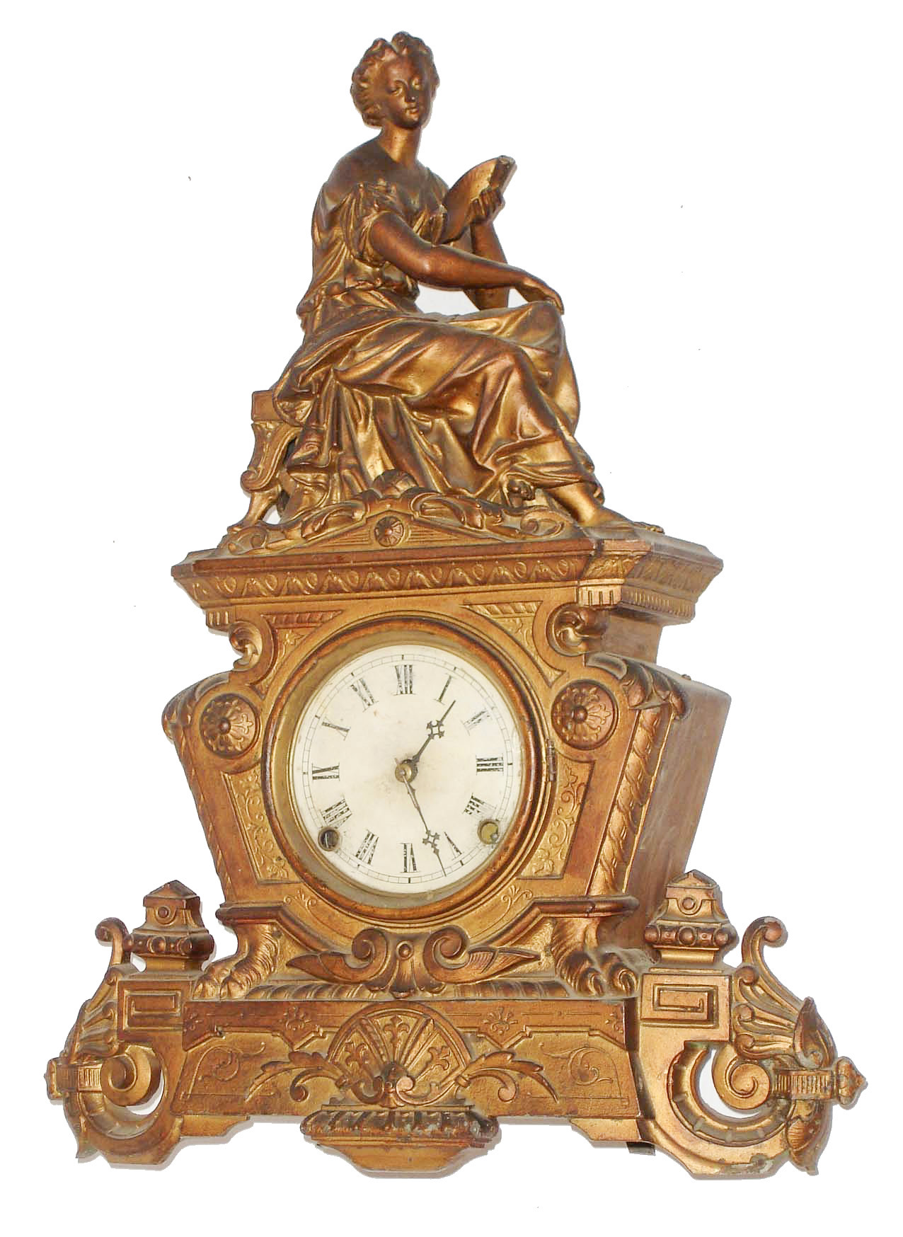 Ansonia Clock Co., Ansonia, Conn., "Romance" cast metal N. Muller No.166 8 days, time and strike, figural mantel clock, c1874 — Antique Clocks Price Guide