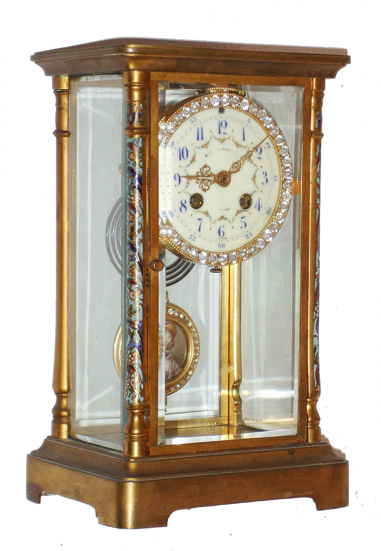 Bigelow & Kennard, Boston, French 8 days, time and strike, brass, rhinestones, cloisonne and beveled glass crystal regulator mantel clock, dated 1914 — Antique Clocks Price Guide