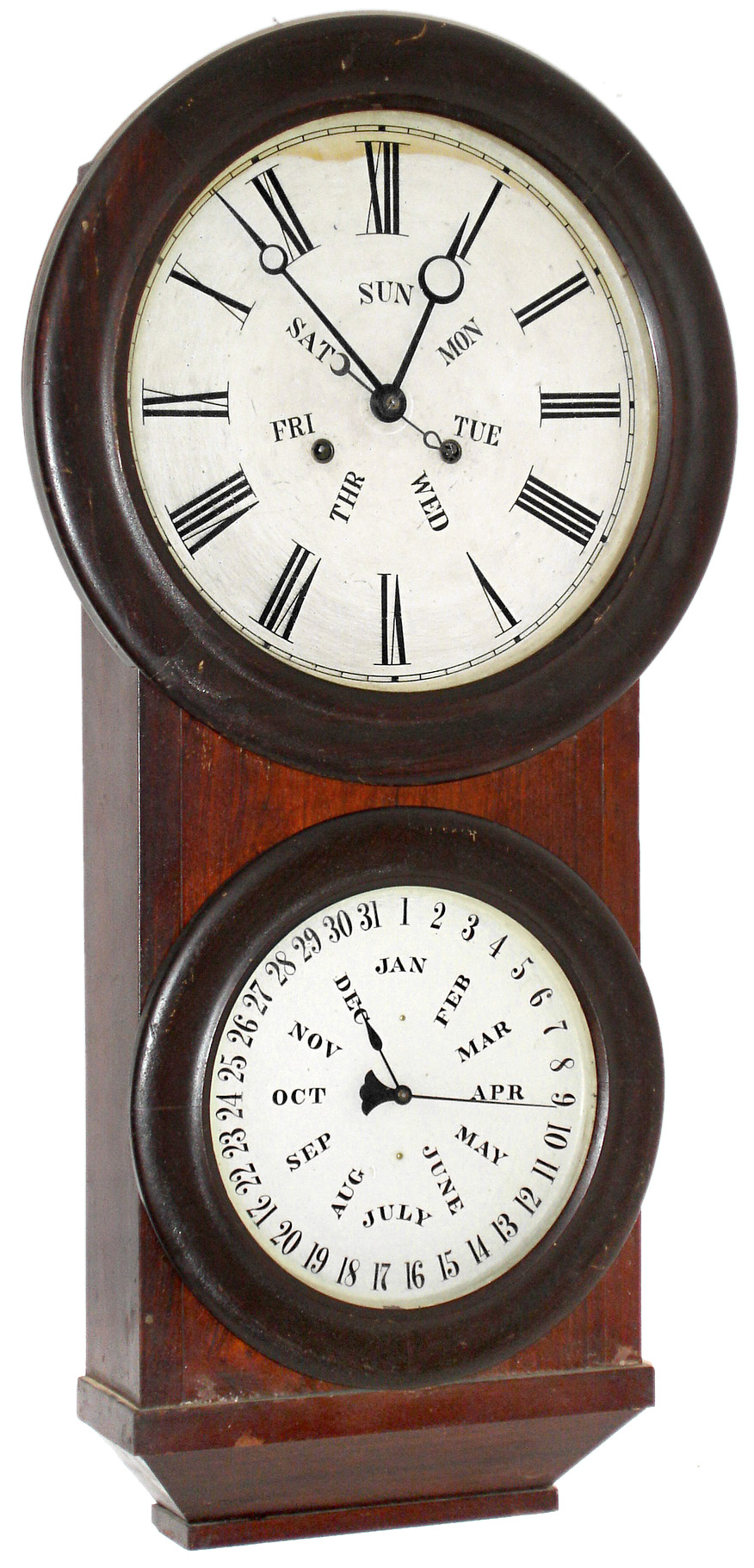 L.F. and W.W. Carter, Bristol, Conn., rosewood 8 days, weight driven double dial calendar timepiece, c1863 — Antique Clocks Price Guide