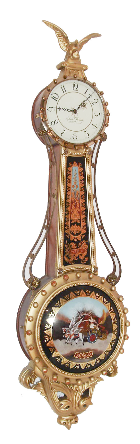 Girandole reproduction wall clock, 8 day, time only, weight driven Kilbourn & Proctor movement in a mahogany case with gold painted front and reverse painted throat and lower convex glass tablets and painted aluminum dial, c1980 — Antique Clocks Price Guide