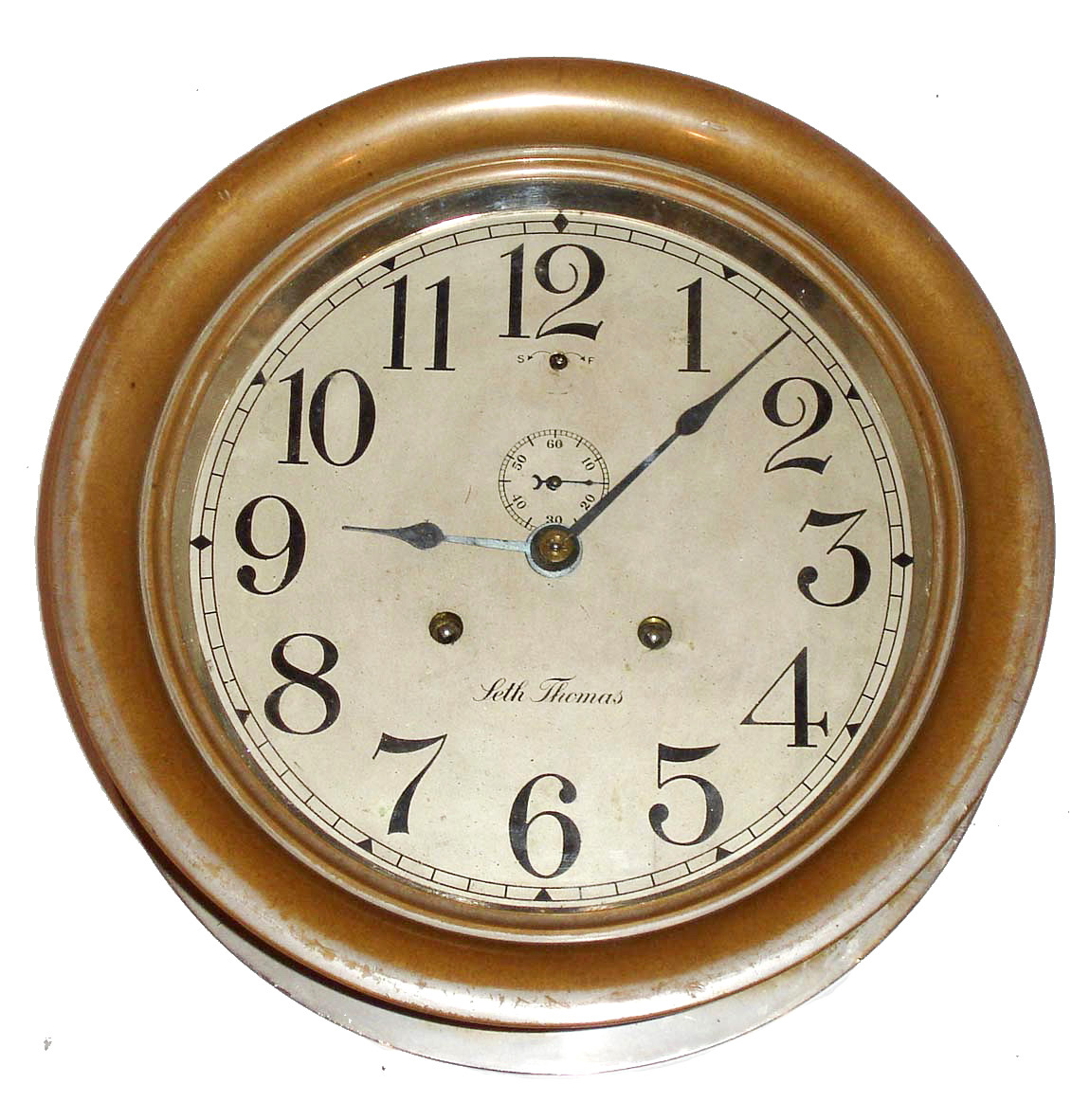 Seth Thomas Clock Co., Thomaston, Conn., "Chronometer Lever No. 4010", wall clock, 8 days, time only, spring driven movement in a nickel plated brass case with 8" silvered dial, c1913 — Antique Clocks Price Guide