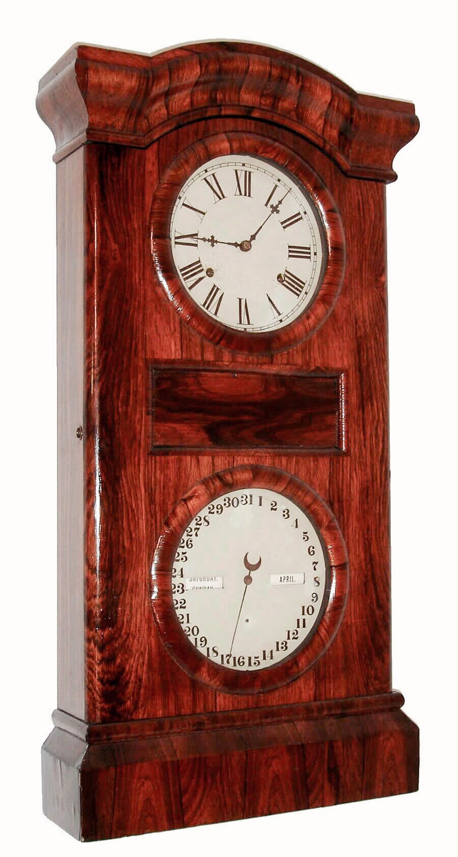 Seth Thomas Clock Co., Thomaston, Conn., "Parlor Calendar No. 1", shelf clock, 8 days, time, strike and perpetual calendar, weight driven movement in a rosewood veneer case with painted metal dials, c1863 — Antique Clocks Price Guide