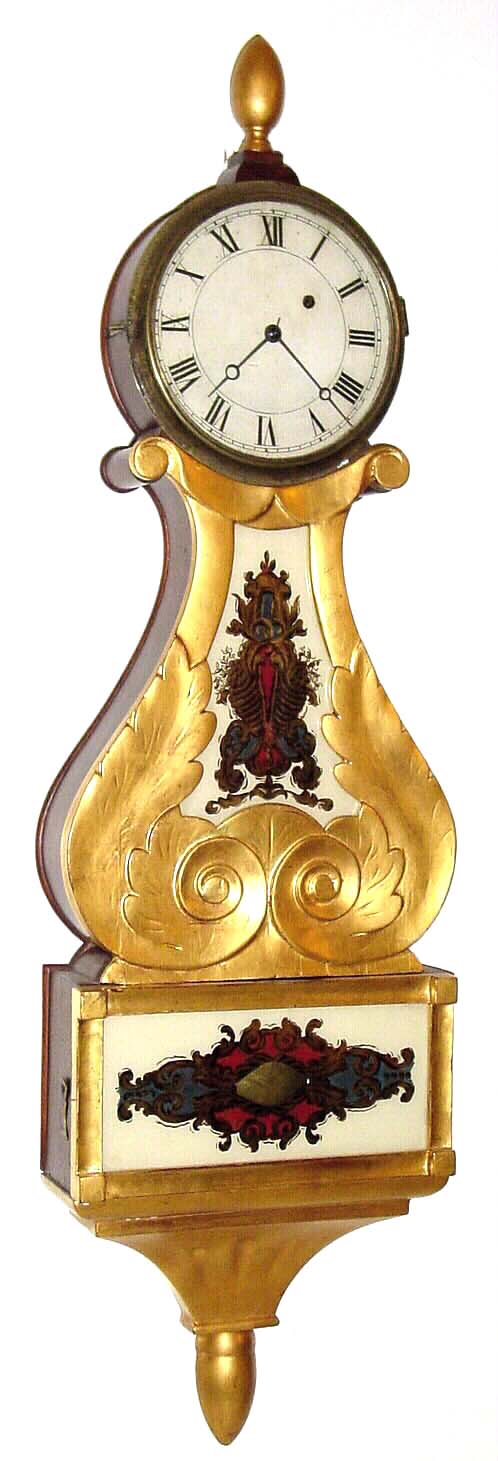 Boston area box lyre wall clock, 8 day, time only, weight driven movement in a gilded mahogany case with painted metal dial and throat and lower reverse painted tablets, c1830 — Antique Clocks Price Guide