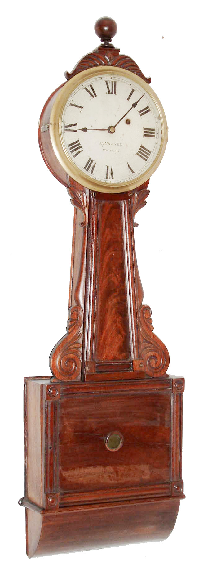 Martin Cheney, Montreal, Quebec, banjo wall clock, 8 days, time only, weight driven movement in a mahogany case with figured mahogany throat and lower panels and painted metal dial, c1835 — Antique Clocks Price Guide