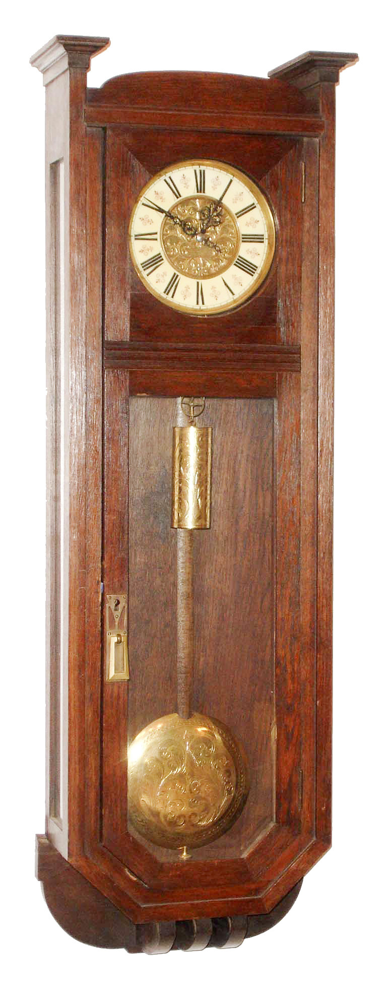 Joh. Salfer, Wien, Austria, Vienna regulator wall clock, 30 days, time only, weight driven movement in an Arts & Crafts oak case with enamel dial and engraved center signed by maker and engraved brass pendulum bob and brass weight, c1895 — Antique Clocks Price Guide