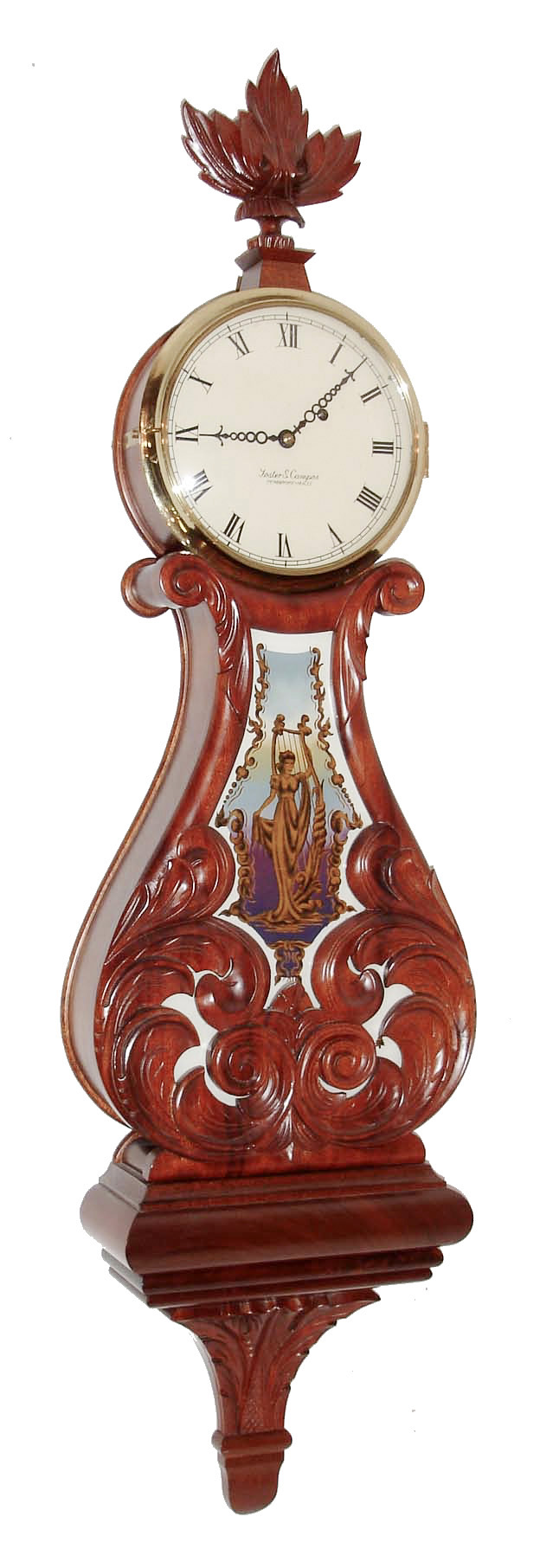 Foster Campos, Pembroke, Mass., "Lyre" wall clock, 8 days, time only, weight driven movement in a carved mahogany case with carved Prince of Wales finial, reverse painted tablet and a painted metal dial, s#16, dated 1979 — Antique Clocks Price Guide