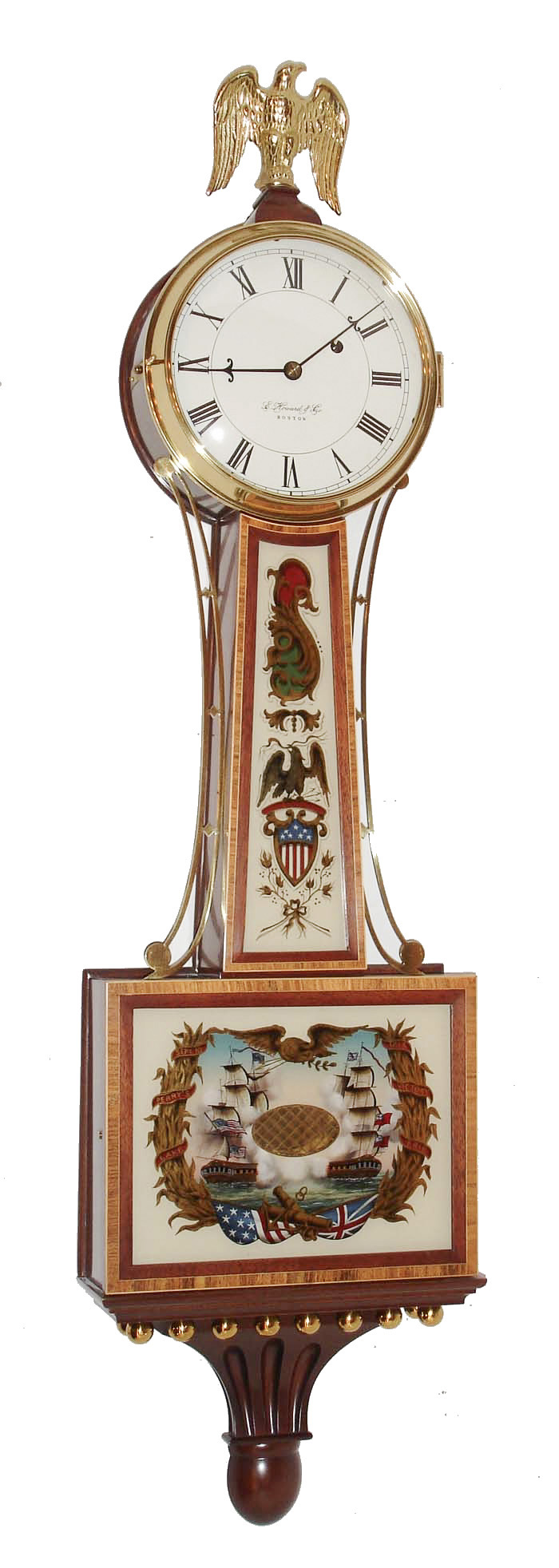 E. Howard & Co., Boston, Mass., "Simon Willard Banjo No. 95 A" reissue, wall clock, 8 days, time only, weight driven movement in a cross banded mahogany case with brass ball presentation base, reverse painted throat and lower tablets and painted metal dial, s#488, c1980 — Antique Clocks Price Guide