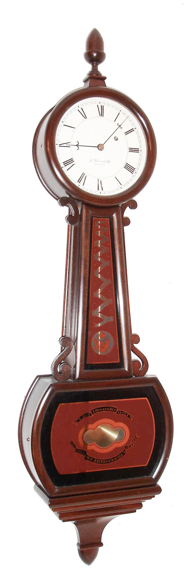 E. Howard & Co., Boston, Mass., "Bicentennial Banjo", wall clock, 8 days, time only, weight driven movement in a mahogany case with reverse painted throat and lower tablets with 13 colonies motif and painted metal dial, s#44, dated 1977 — Antique Clocks Price Guide