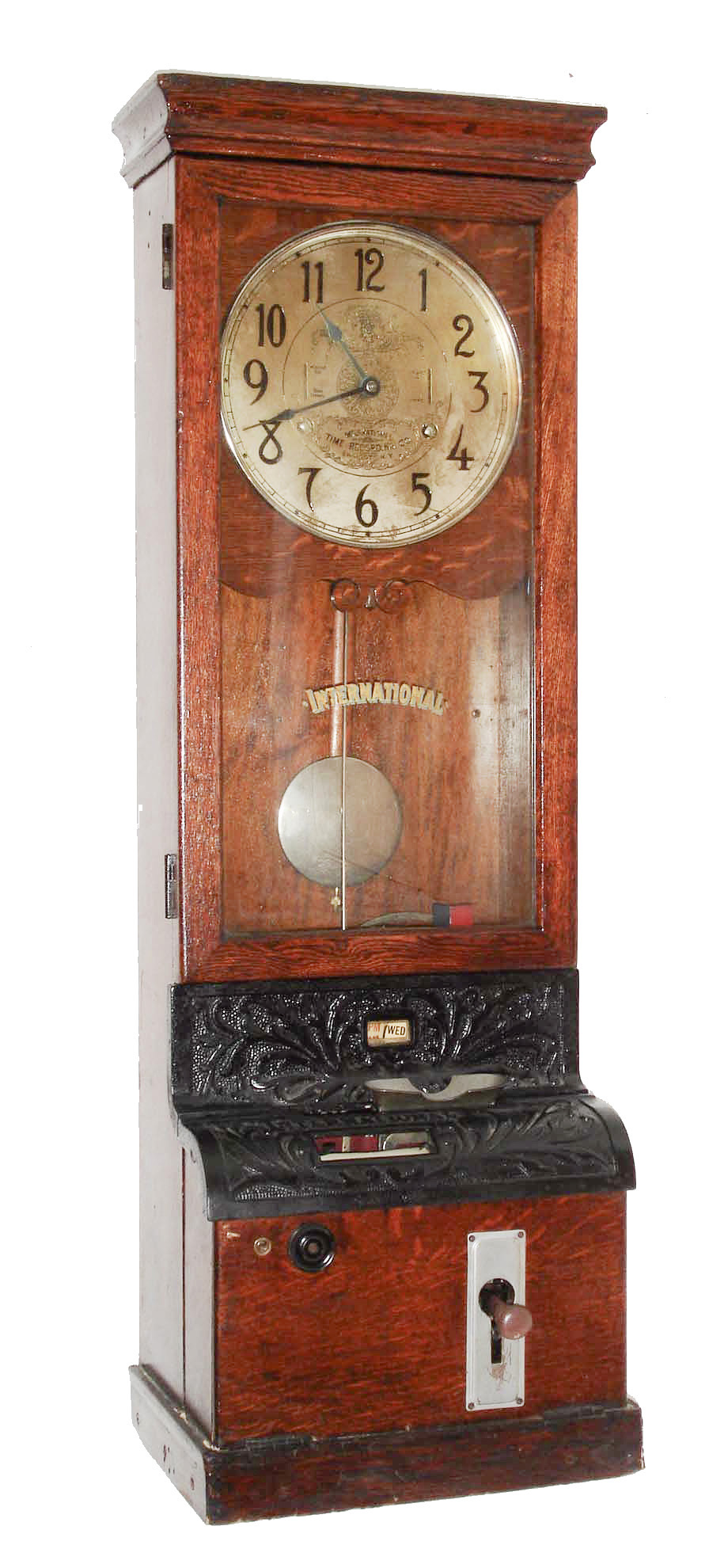 International Time Recorder Co., Endicott, NY, oak wall mounted time punch clock, c1925 — Antique Clocks Price Guide