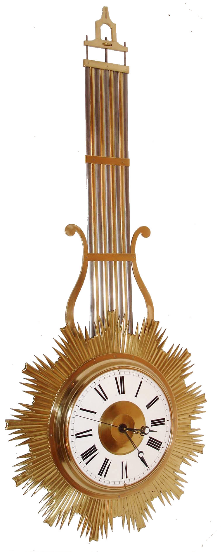 French mystery clock, "La Balancelle" double dialed shop window regulator, 8 days, time only, spring driven movement in nickel plated grid iron pendulum form starburst case with two white enamel dials, one with sweep seconds and the other without, c1850 — Antique Clocks Price Guide