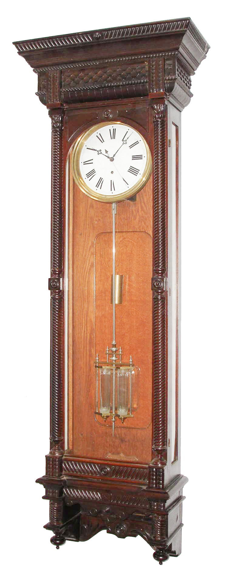 Waterbury Clock Co., Waterbury, Conn., "Regulator No. 12", wall clock, 8 days, time only, weight driven Swiss movement with two glass vial mercury pendulum, sweep seconds and pinwheel escapement in an oak case with white enamel dial, c1890 — Antique Clocks Price Guide