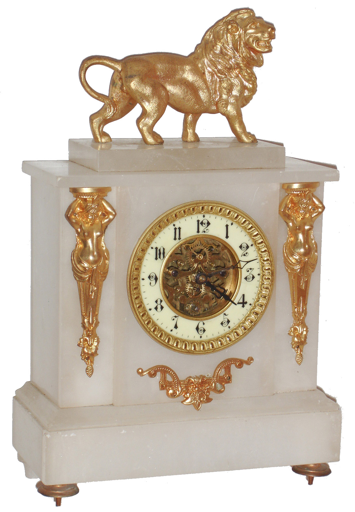 French alabaster and gilt metal figural 8 days, time only, mantel clock, c1880 — Antique Clocks Price Guide