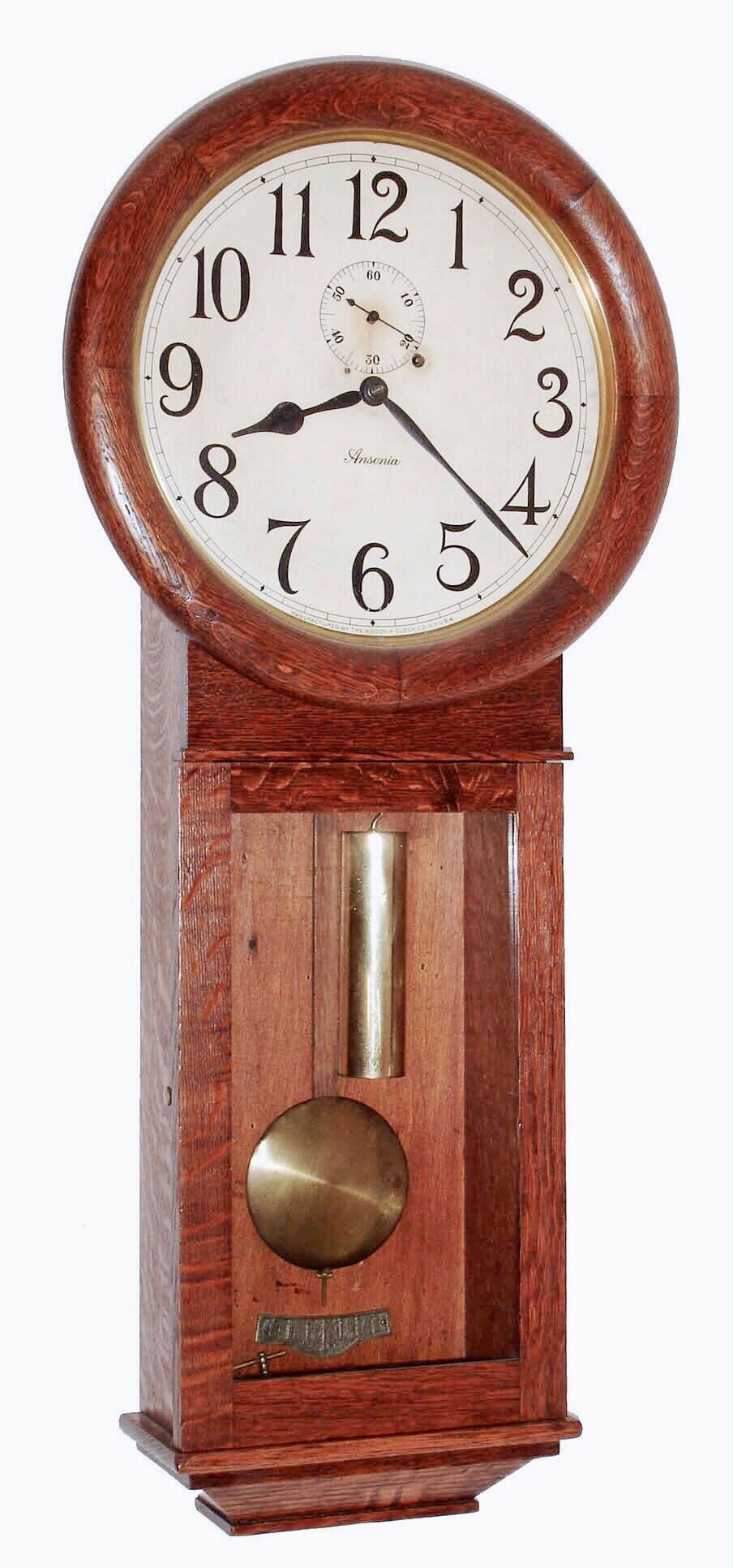 Ansonia Clock Co., Brooklyn, New York, "Standard Regulator" oak 8 days, weight-driven wall timepiece, C.1920 — Antique Clocks Price Guide