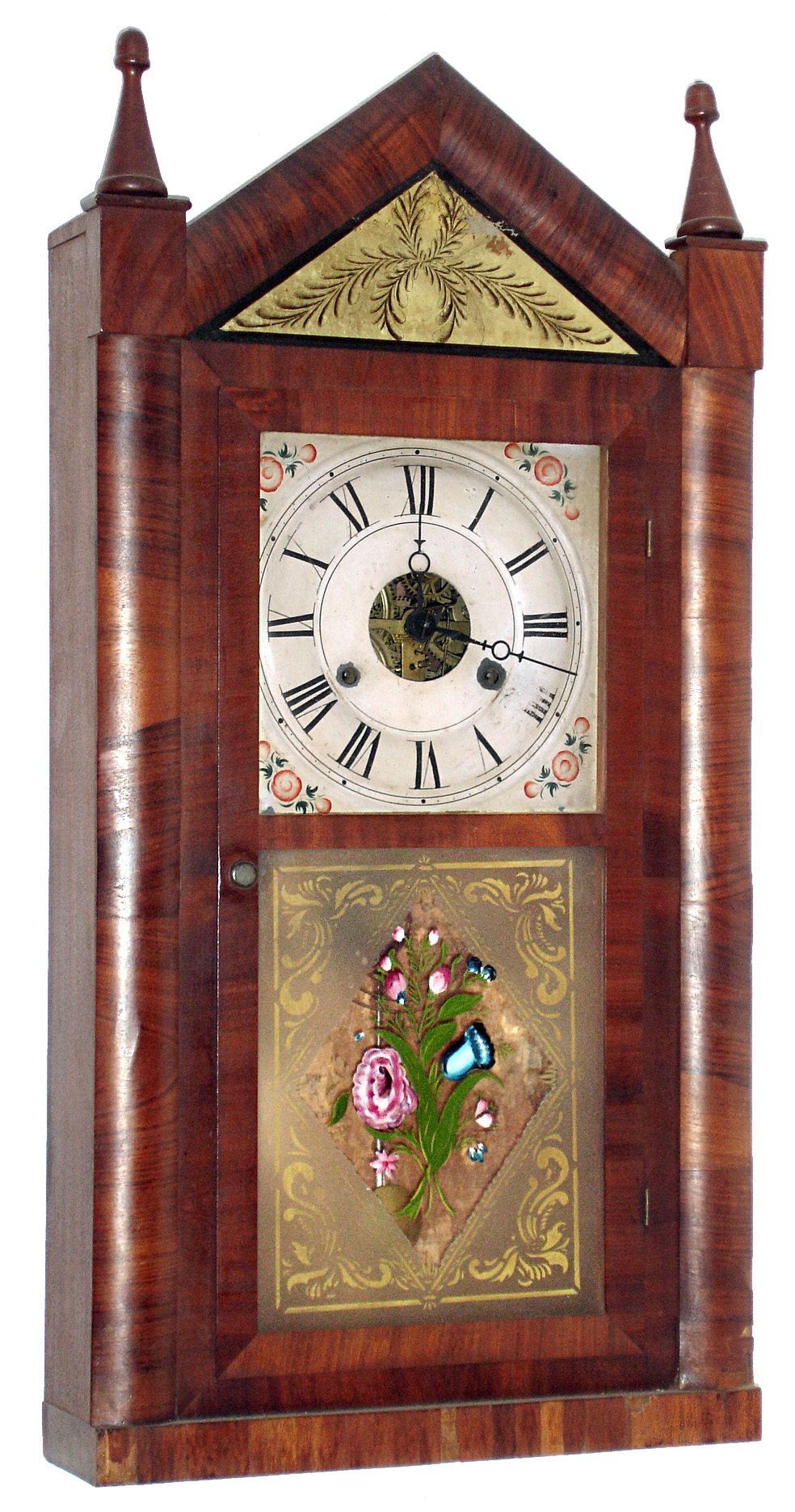 Seth Thomas Clock Co., Plymouth Hollow, Conn., 30 hour, time and strike, rosewood steeple top round molding front shelf clock. c1860 — Antique Clocks Price Guide