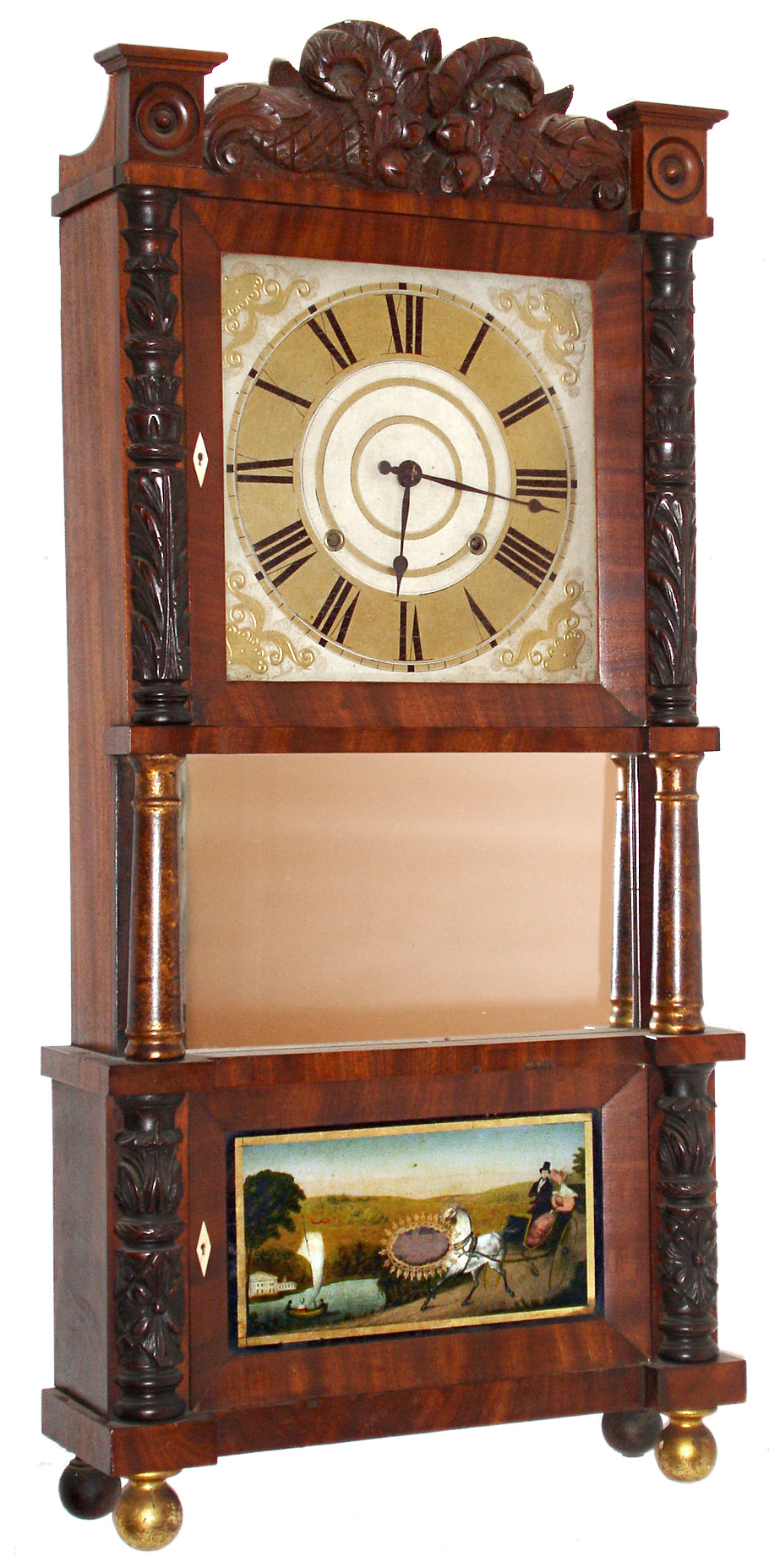 C. & L.C. Ives, Bristol, Conn., 8 day, time and strike, carved column and splat triple decker shelf clock. c1835 — Antique Clocks Price Guide