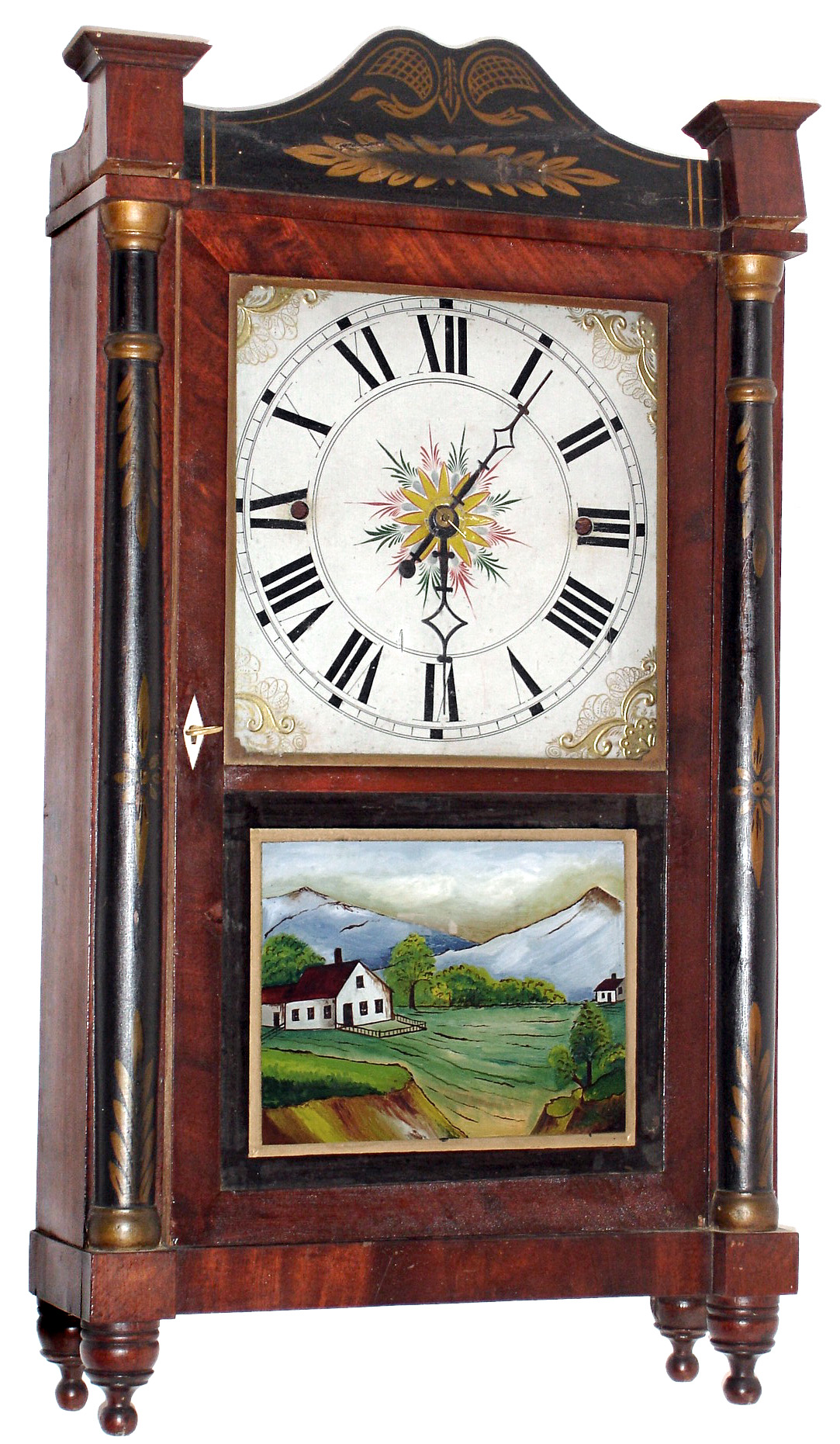 Norris North, Torrington, Conn., 30 hour, time and strike, weight Torrington wood movement half column and splat shelf clock. c1830 — Antique Clocks Price Guide